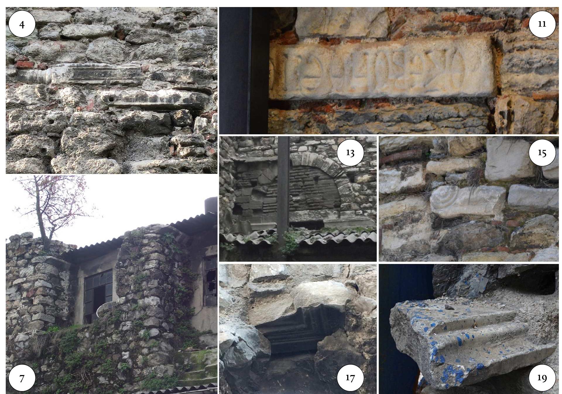 decoration can be distinguished on the south facade of a semicircular tower (section no. 12; fig. 3). It is worth noting that this structure is located close to the Galata Tower. As previously noted by Hasan S. Saglam, this panel might either belong to a parapet block or was part of an architrave ceiling (rarely encountered in early Byzantine architecture). Architectural elements, mainly closure slabs with similar geometric patterns, were found in the nearby Arap Camii. The Church of Hagia Sophia (Ayasofya Museum/Mosque) also includes numerous examples of similarly decorated blocks of both types of architectural components.”° It is worth noting that part of an architrave ceiling, removed from an early Byzantine context, can be seen reused in the Byzantine Castle of Yoros on the Bosporus; this block is a close parallel to the architrave ceilings found in situ in the churches of Hagia Sophia and Saints Sergius and Bacchus (Kticiik Ayasofya Camii).”” With the exception of  Figure 2: Marble spolia on the Walls of Galata.  Photograph: Selin Sur, 2014 (sections no. 7, 13, 17); Selin Sur, 2022 (no. 4);  David Hendrix, 2020  (no. 11); David Hendrix, 2021  (no. 15, 19). 