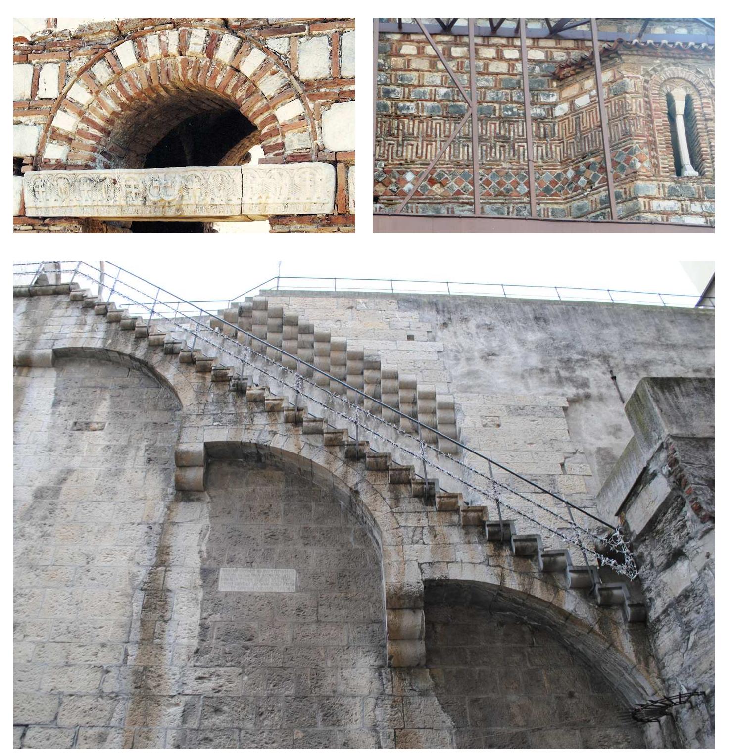 Some of the earliest sections of the Walls of Galata from the first and second enceinte are built of alternating courses of stone and brick—a wall technique common from late antiquity (fourth to mid-seventh centuries) through to the Byzantine Middle Ages.3” A typical “Byzantine” wall is made of three to five courses of stone reaching ca. 65 cm and three to five courses of brick ca. 35 cm in height.3* In the late Byzantine period, however, the use of four courses of stone with four courses of brick became widespread.*? In the Palaiologan buildings of Constantinople, the frequency of alternation can be even more noticeable. In the first enceinte of the walls, section no. 1 and the eastern part of section no. 2 (fig. 14) are built of five courses of stone and four courses of brick, in alignment with the Byzantine practice; however, the stone courses reach 1 m in height. Section no. 4 has only one course of brick positioned in the middle of the wall height, and section no. 5 has highly deteriorated brick bands of two courses at irregular intervals. In the second enceinte of the walls, brick bands of two to four courses were used in sections no. 10 (fig. 14), 11, 12, and 14 (fig. 15). They exist only on one face of the walls, as described in detail in the appendix. No 