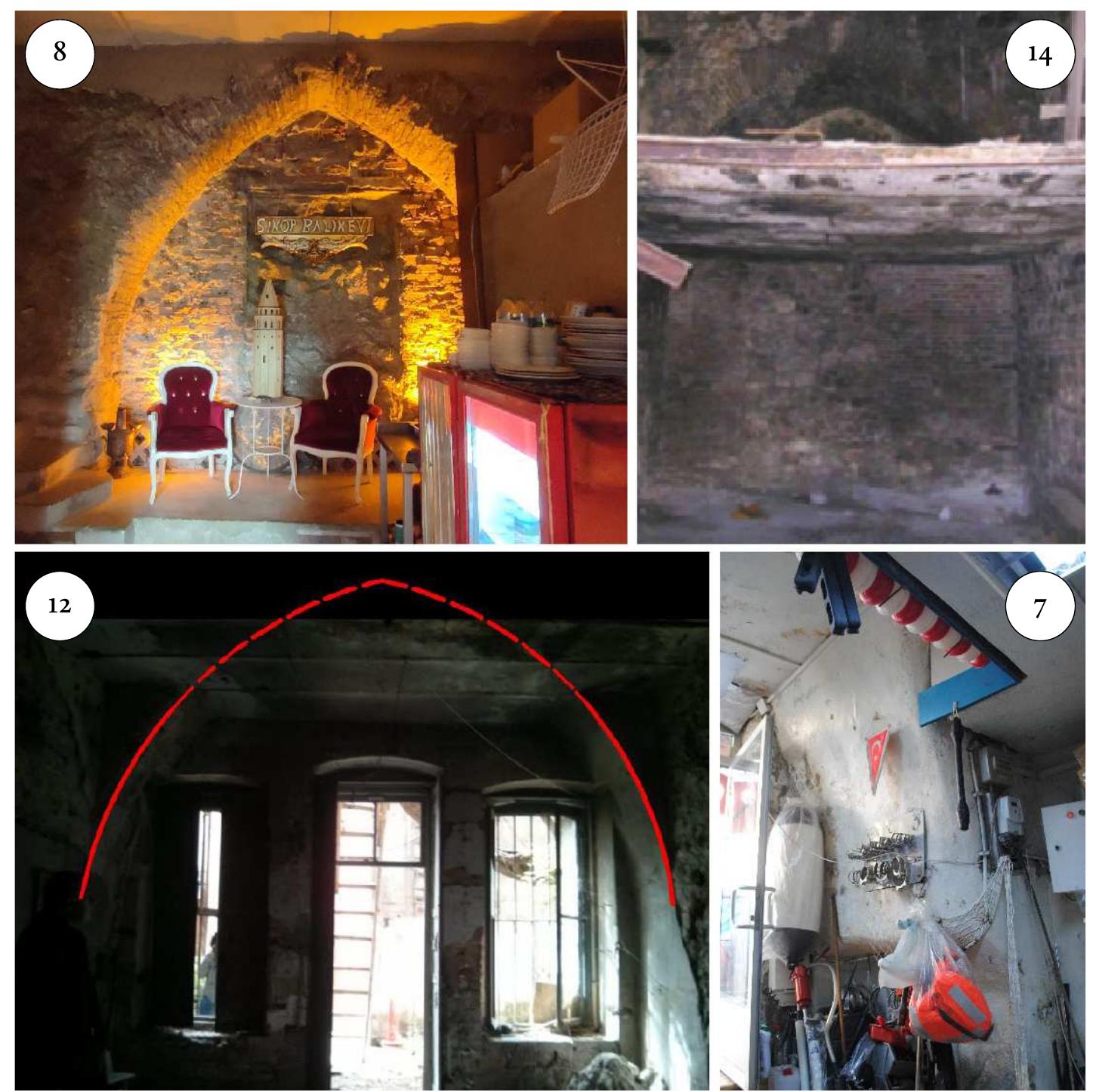 arches in sections no. 8 and 14 are built of brick; however, the material of sections no. 7 and  12 cannot be identified. Although “slightly pointed arc  hes” can be seen in some buildings  from the eighth century, pointed arches were not a feature of later Byzantine architecture— the typical type of arch used in this period was semicircular. The pointed arch was a staple  of Islamic and medieval Latin architecture and was a Seljuk (eleventh-thirteenth centuries) and Beylik period  ready used in Anatolia during the s (from the eleventh through to the  first quarter of the fifteenth century).°° Some questions concerning cultural interactions emerge at this point: Is it possible that Anatolian Islamic architecture influenced Genoese  architecture in Galata, or was the use of pointed arches t traditions and influences?  he result of medieval Latin masonry 