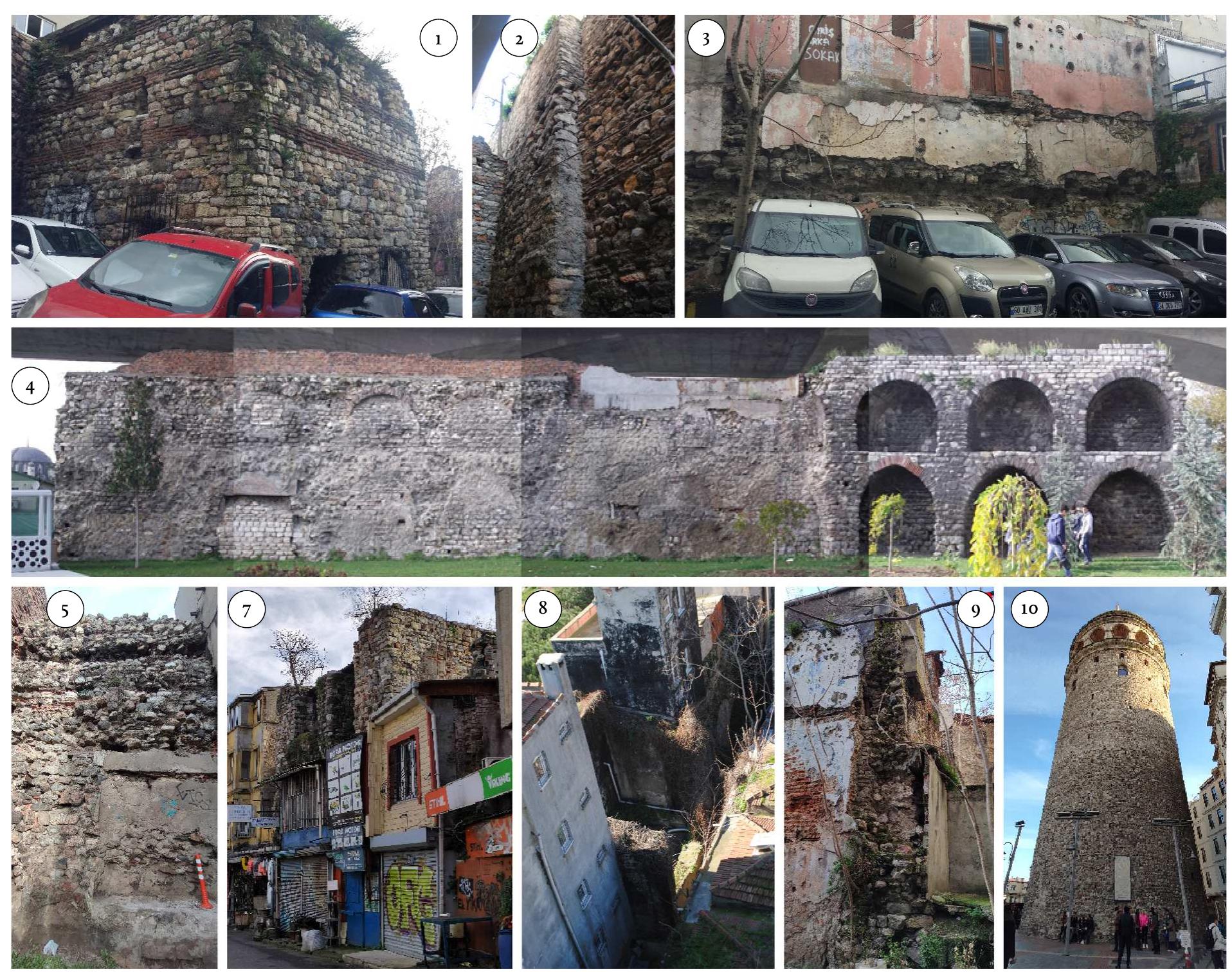 Figure 14: Galata Walls, sections no. 1-10. Photograph: Selin Sur, 2014 (sections no. 2, 4, 7, 8); Selin Sur, 2022 (no. 1, 3, 5, 10).  Section no. 1 includes a rectangular tower at the northwestern corner of the first enceinte. It survives through modern interventions and additions, but its original characteristics can still be observed. The walls are of alternating courses of stone and brick. Stones show variety in terms of shape, size, and color. Notably, the brick rows begin ca. 4 m above the ground on the western facade. Above the first brick band, the wall continues with five courses of stone and four courses of brick (fig. 14). The alternating courses measure 0.97 m stone and 0.3 m brick. The horizontal mortar joints between the bricks are 4.5 cm thick. A creamy white mortar with small pebbles was used in the joints.” The loopholes, built in two rows, are made of stone on the outside, with brick arches surmounting the loophole on the inside. The brick dimensions are given in table 1. 