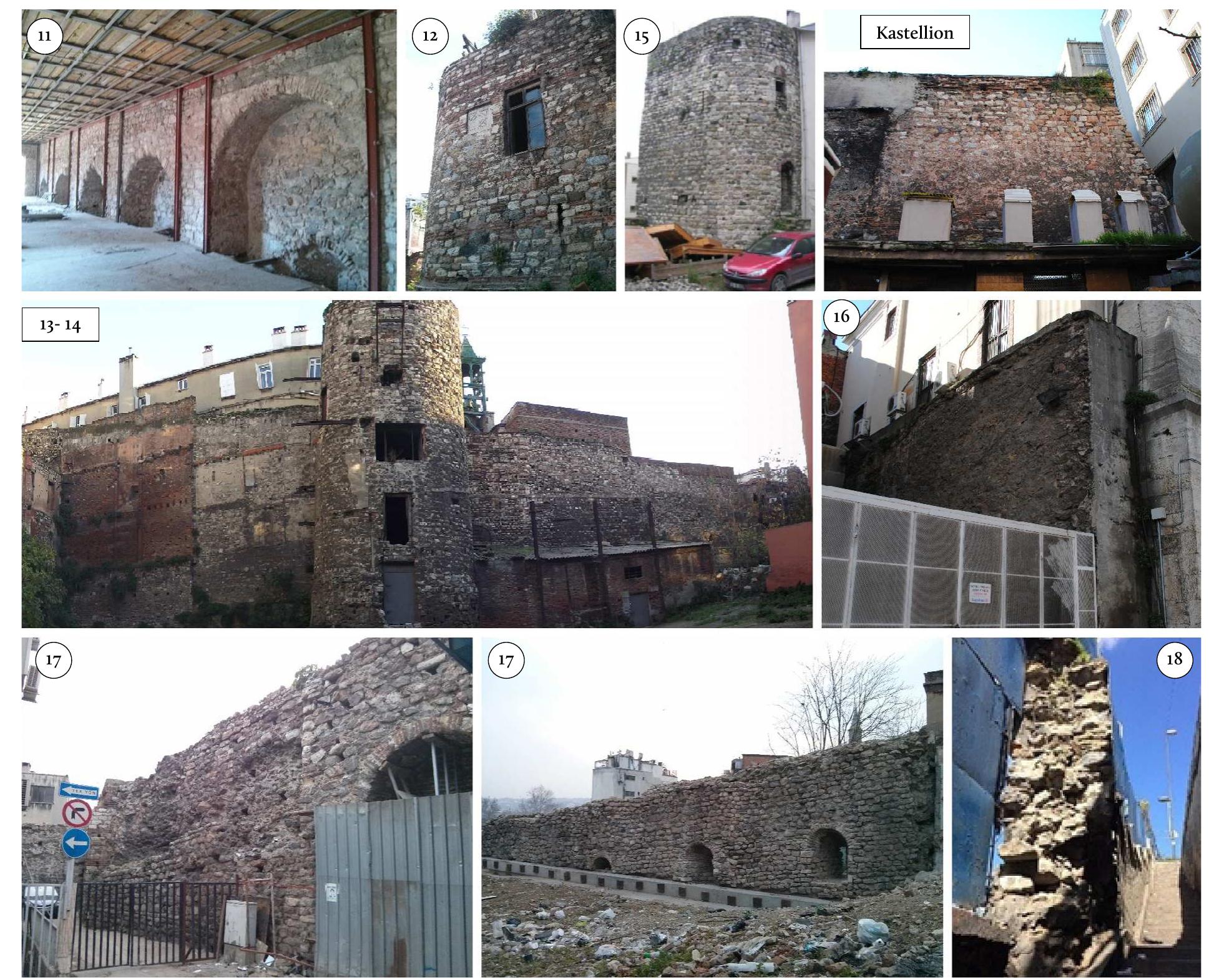 Figure 15: Galata Walls, sections no. 11-18. Photograph: Selin Sur, 2012 (no. 13-14); Selin Sur, 2014 (no. 11, 12, 16, 17);  Erdogan, “Galata Kent Surlar1,” 92 (no. 15);  David Hendrix, 2021 (no. 18).  level of this fagade is a contemporary addition. There is a loophole made of stone in the northeastern facade. A spoliated block of marble is observable above this loophole (fig. 2). 
