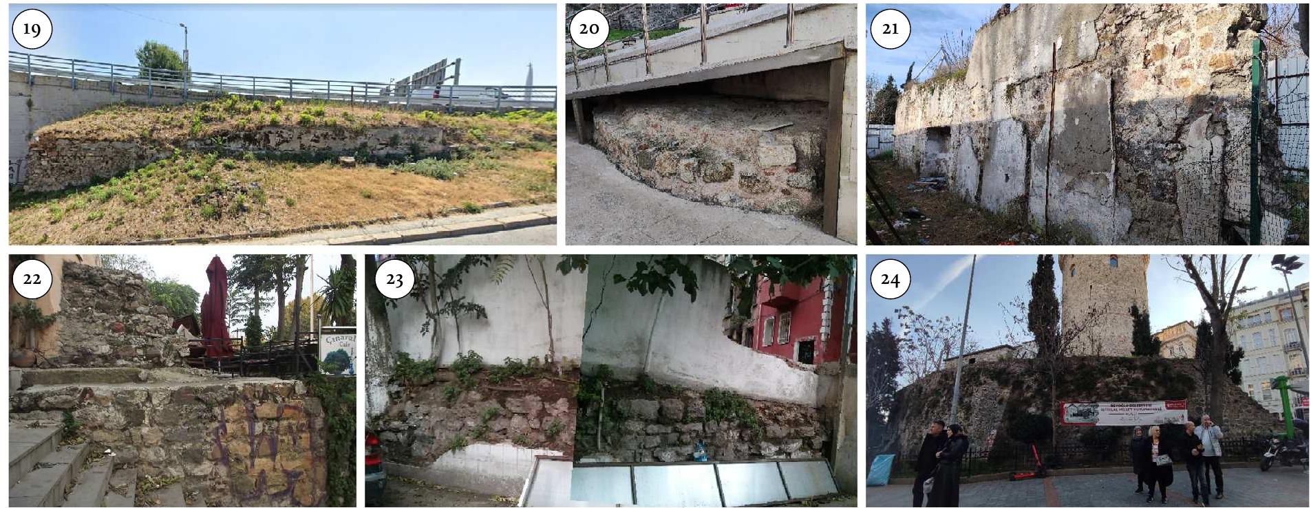 Figure 16: Galata Walls, sections no. 19-24. Photograph: Selin Sur, 2014 (no. 22, 23); Selin Sur, 2022 (no. 20, 21, 24); Google Earth, 2022 (no. 19).  Section no. 17 consists of a wall fragment from the third enceinte (fig. 15). The only surviving gate of the walls, Harup Gate, is located in this section. A marble slab with coats of arms and floral decorations can be seen in situ over the gate. The rampart is well preserved until the parapet level, and its battlements can still partially be seen. The core of the wall, consisting of mortared rubble, is visible due to the surface loss, whereas the facing is irregularly sized, roughly cut stone. The semicircular arch on the eastern facade of the gate is made of one course of stone and three courses of brick. The semicircular arch on the western facade of the gate, now destroyed, was made of stone. The wall section to the north of the gate is 1.70 m thick and has loopholes that are 1.20 m wide. They are built of stone until the springing line, and the arches surmounting the loopholes are made of bricks (table 1). A spoliated block of marble was used as a lintel above the arrow slit opening of the loophole on the northern end of the west facade (fig. 2). The stone courses run parallel to the slope of the terrain. The irregular use of the stones must be the result of the repeated reuse of materials. Brick pieces were rarely used in the mortar joints and are 3.5 cm thick in the northern section. The thicknesses of the brick pieces used on the south of the gate vary between 2 and 6 cm.  