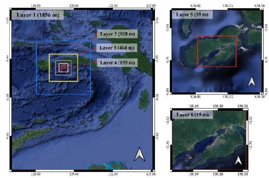 The layers of the tsunami numerical simulations (overlayed