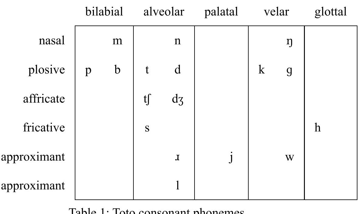 Table 2: Toto vowel phonemes 