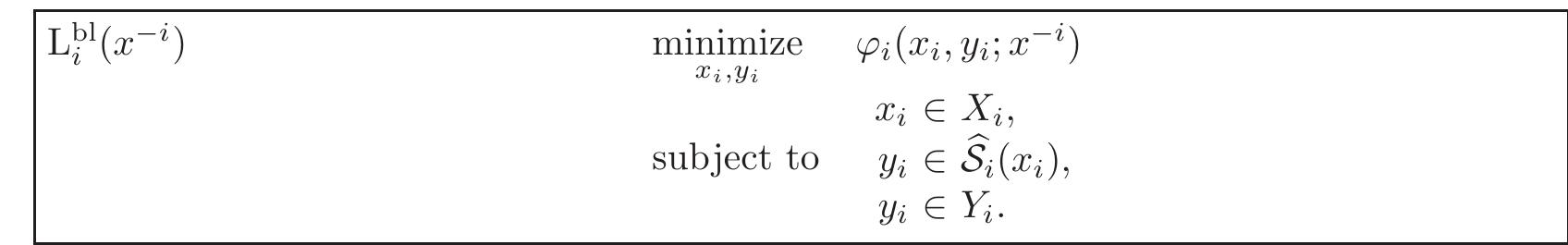 A special case of the conventional game & which is already a shared-constraint game is the case (denoted by &>!) where leaders have disjoint set of followers. Effectively, each leader solves bilevel optimization problems a follows.  Since y; € §; (2), there is no coupling of leader decisions in the constraints of leader problems. This is a special case of & with S(x) = []j< a Se (a;), where S; (x;) is the solution of a variational inequality for each 7 and where the objective of leader i depends only on the equilibrium of S; (xi) and not on S; (x;) for 7 £ 7. With a slight abuse of our notation so far, we let y; denote an element of the set S. (x;) and Y; be the apaiae of such y;. Let OF  be the feasible region of L?!(a~*, y~*) and let F°! be the set of fixed points of >! + mW, QP. Since there is no coupling, it is easily seen that 