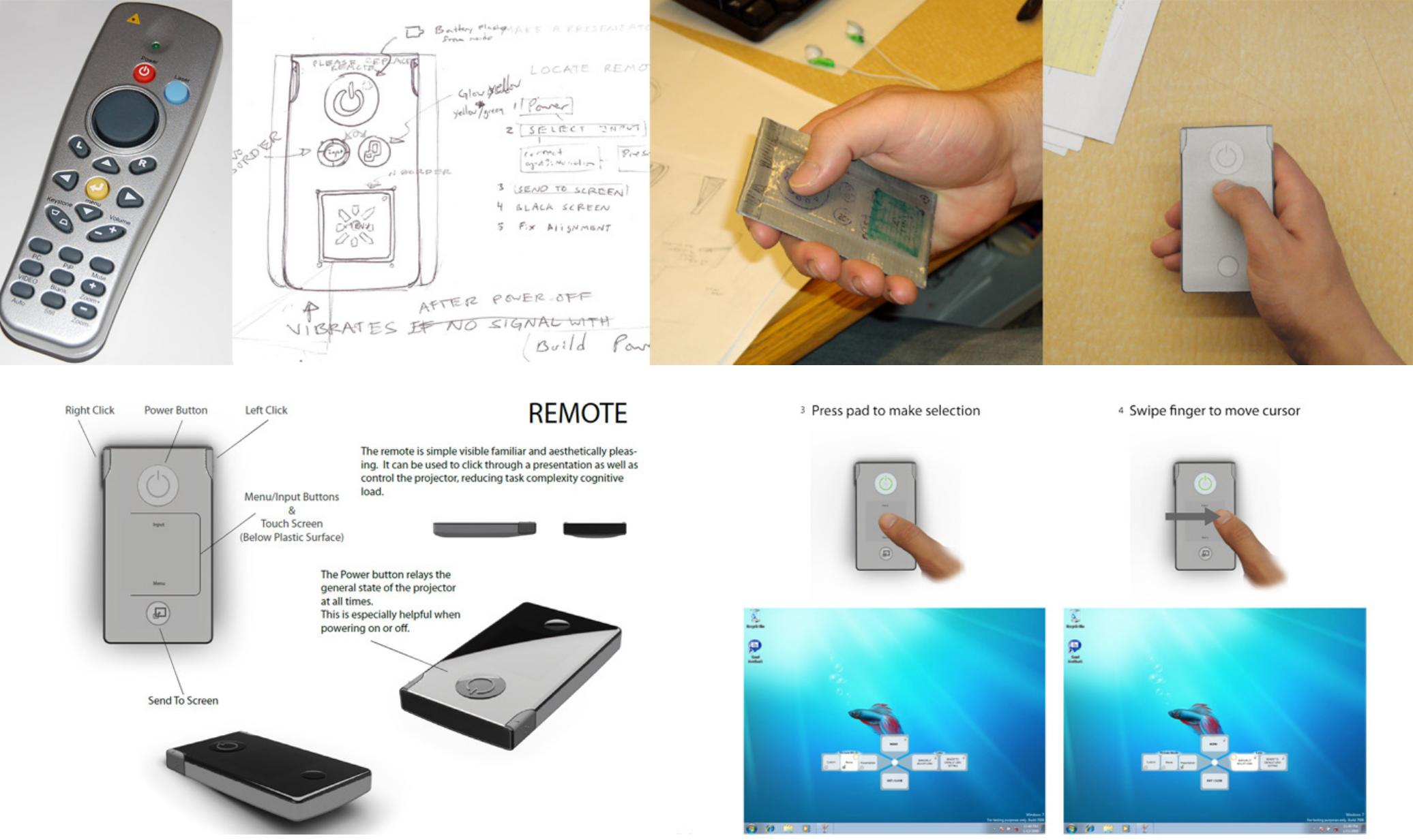 Based on the frequent problems encountered with projectors in the classroom, one student redesigned both the physical and digital con- trol interface of a remote control. As shown in Figure 2, he started by comparing different commercial remote control products, identifying the implicit problems and user requirements through case studies, tested with duct tape prototypes, integrated current movement rec- ognition technology, and finalized the design with detailed illustrations. The final design integrated both the remote controller hardware  design and the on-screen menu design for a classroom-based projector.  Another student was very interested in improving the control of a treadmill. He was frustrated with the control panel of the treadmills with which he had to interact daily in the fitness room. Through informal interviews in the field, he refined the task analysis into a diagram and identified the problems he wanted to solve. He decided to design the interface in a way that “simulates nature.” He used paper prototypes to negotiate the navigation with subjects he recruited from the fitness room and finalized it with a digital version. 