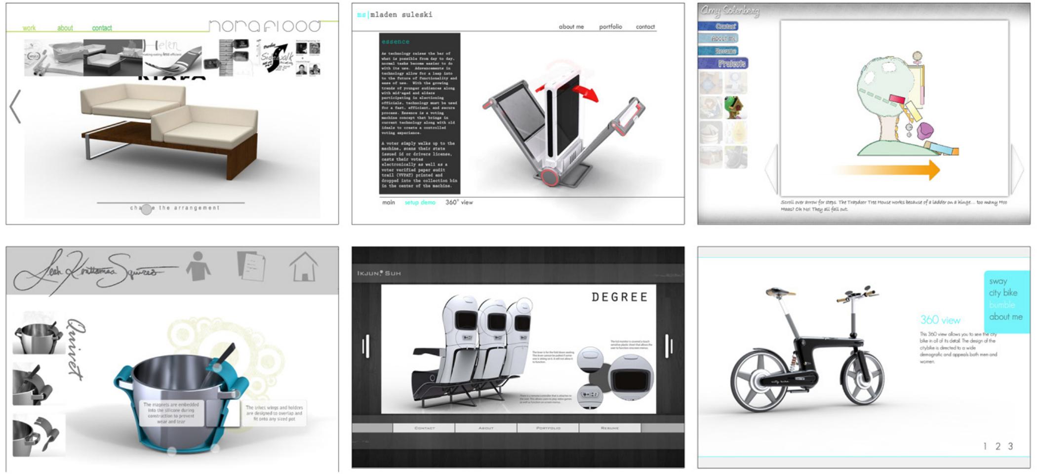Figure 4. Interactive representations of product design selected from six different student portfolios.  We delivered lectures on graphic design and information design in Monday classes, and tutorials of the software Adobe Flash CS4 and ActionScripts in Wednesday classes. Students started by making simple animations of objects sliding, and finished the course able to ma- nipulate and manage comprehensive nested animation structures. As instructors, we worked with them shoulder to shoulder. Apart from debugging their files and searching for solutions, we provided an interface to package their videos and digital portfolios as a whole. An online version of the project can be found at URL: www.interactiondesign.us/courses/2010 AD406/2010 Senior iPortfolio/  