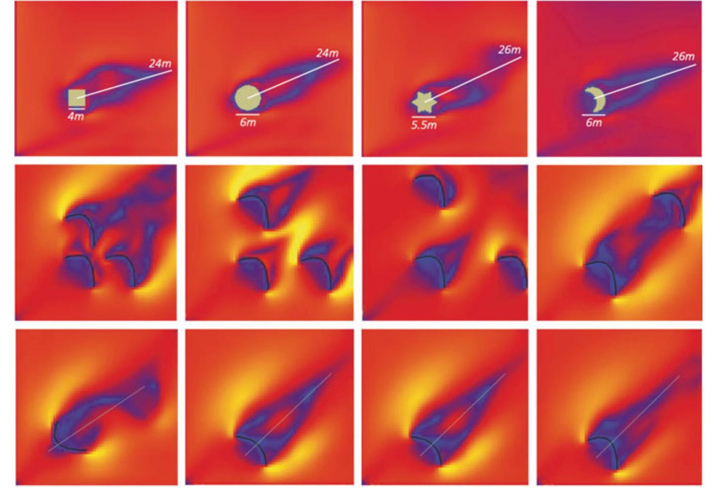 Fig. 3. Computer Fluid Dynamics simulations elaborated with the software Ansys to test different geometries of Food Production Towers to understand the behavior of the wind shadow (a). A a separate analysis was conducted to determine the optimal spacing between the towers, ensuring each tower receives an adequate amount of fog (b)  formal development of the spatial arrangements the software Rhinoceros 3D was used, together with its plug-in Grasshopper, a visual scripting interface able to generate a catalog of formal solutions to control complex geometries through the use of algorithms (Sakamoto 2007). Different codes had been developed along the design process to simulate the orography and the natural water flow of the site (Fig. 3). Different needs generate different sets of parameters to be evaluated and imply the definition of different rules to manage them. Therefore, the best way to have a genetic algorithm evaluation is to create different genomes using the plug-in Galapagos as an evolutionary computing interface. Other than the above-mentioned simulation tools, the software Ansys was used for CFD analysis to determine the distance of the Food Production towers to be efficient in the water collection and to generate urban patterns for the connection (Fig. 3). The first experiment to create the network was run using the minimum spanning tree algorithm connecting the water connec- tion spot and the houses of the settlement (Otto 2009). The first algorithm that was able to define a minimum spanning tree was developed in 1926 by Czech scientist Otakar Bortivkawith to design an efficient electrical coverage of the city of Moravia. The result of this mathematical operation is a graph that satisfies three properties: connected, acyclic, and consisting of x-1 edges. The advantages of those properties are applied to the generation of an efficient network svstem.  