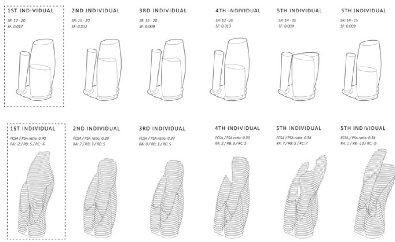 Fig.5 Simulation of the Storey Range (SR) and Scaling Factor (SF) of the disposition and elevation of the Food Production Towers (a). Catalog of optimized solutions for the nets of the Food Towers  maximized according to sun exposure and water collection according to the following parameters: FCSA, PSA, RA, RB, and RC (b) 