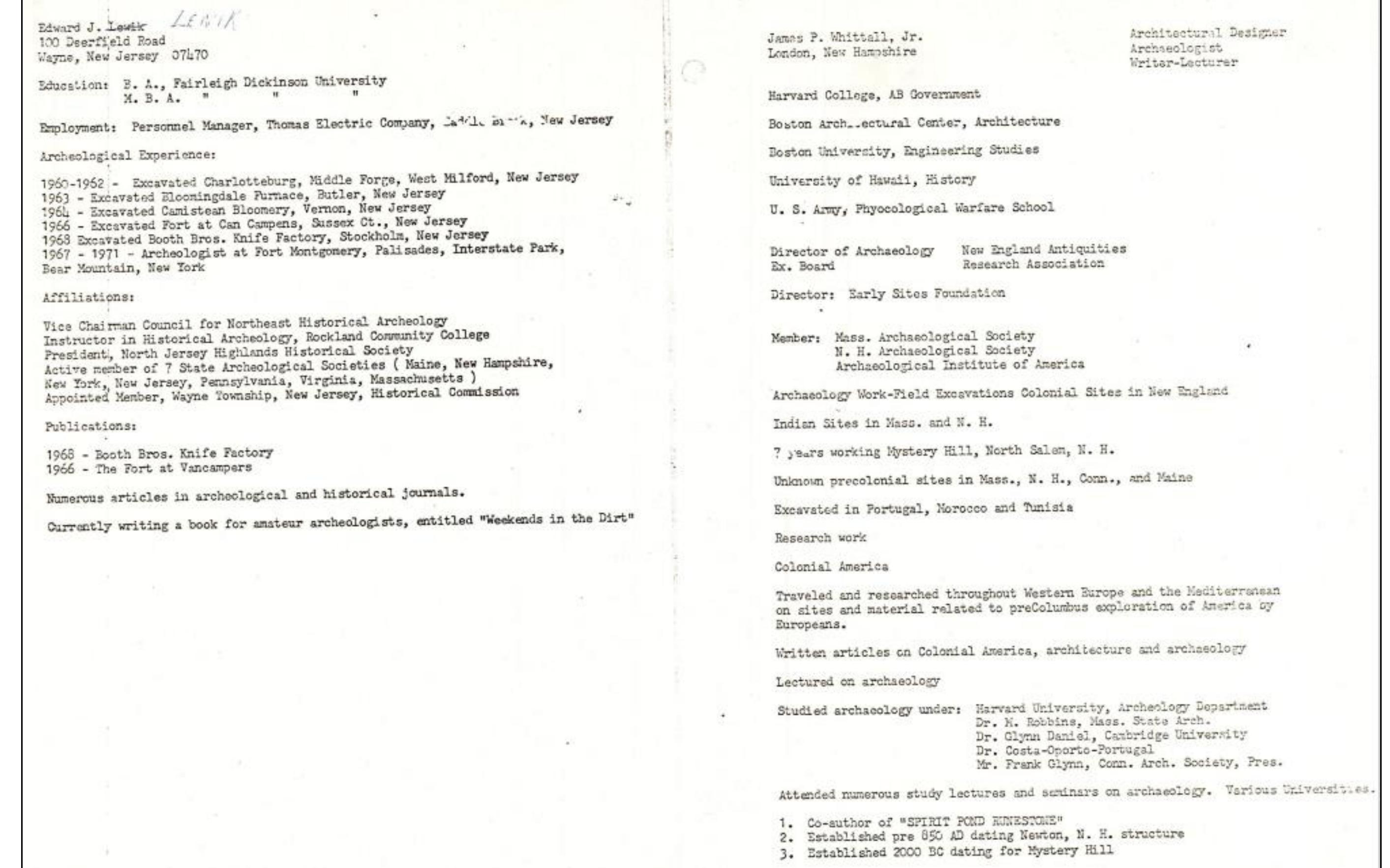 (Sheet | of 2) This document, undated, appears to be a partial listing of persons involved with the 1972 excavations and surveys conducted in the Spirit Pond area. 