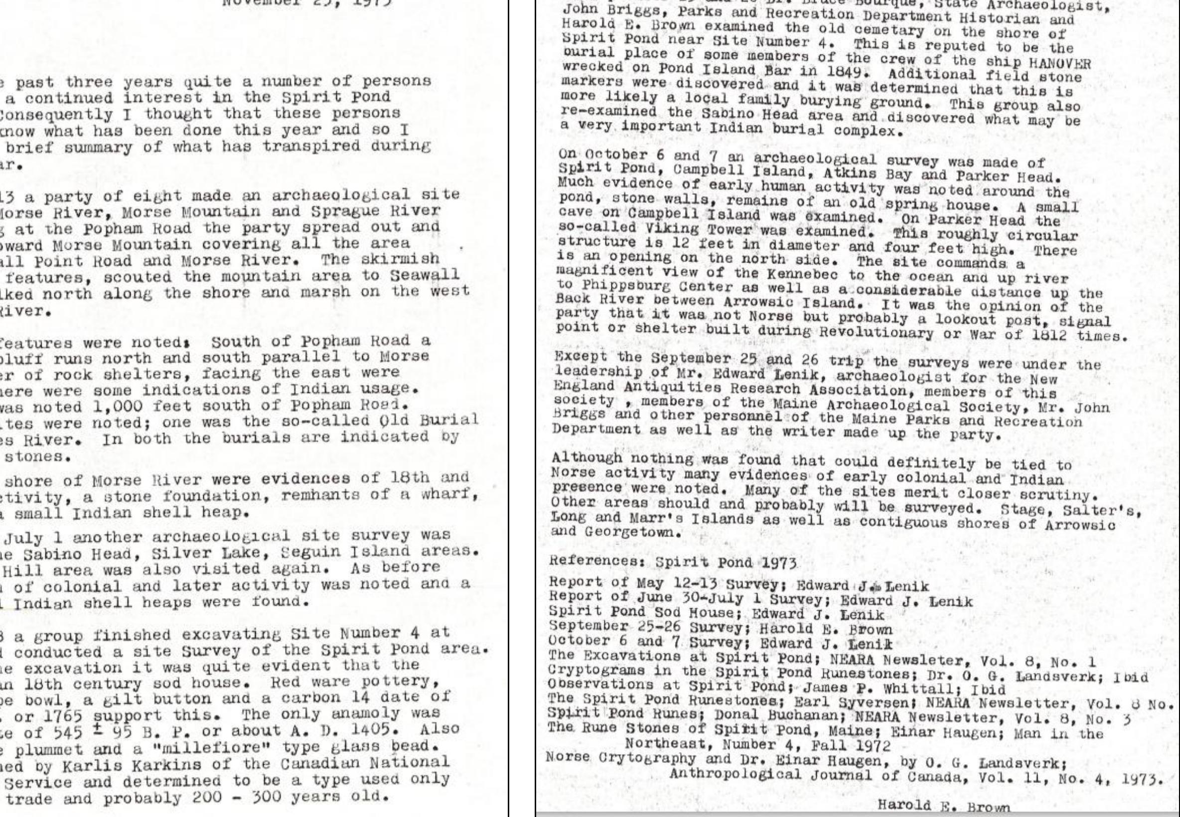 A November 25, 1973 report by Harold E. Brown summarizing the 1973 site surveys performed in Phippsburg, Maine. 