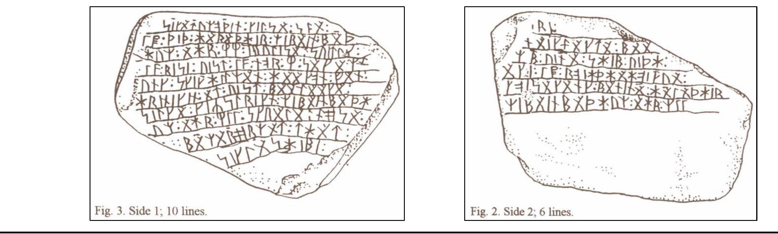 ~ On that first day in Bath, the stones were recognized as being inscribed with the craggy letters of Old Norse runes. The first had a rough map engraved on one side and a short inscription with some rou:  drawings on the other. The second stone had twelve letters lightly scratched on one side, and the third stone had a deep carefully carved inscription of ten lines on one side and six lines on the other. (Carlso 1993: 1)  Carlson, Suzanne. “Stumbles and Pitfalls — Indeed!” New England Antiquities Research Association (NEARA), 34:1 (2000): 15-32. 