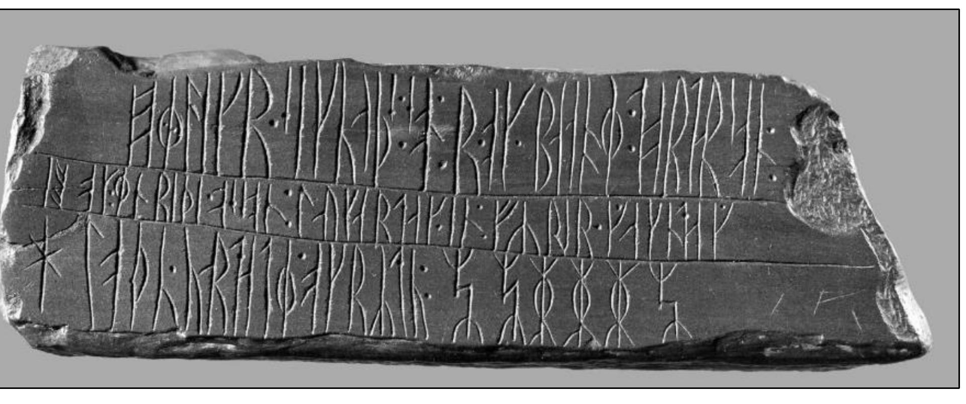 The next large publication on the Kingittorsuaq stone was presented by Magnus Olsen, who in 1932 discussed the language of the Greenlandic runic inscriptions in a lengthy article. At the time, it was st assumed that the original Kingittorsuaq stone had been lost. Olsen concentrated on the last unsolved part of the inscription and rejected the former interpretations of the word rydu. He suggested the very rn pret. rynda, ‘confident whispering, conversation or consultation’ or ‘fiddle with secret arts, foretell, bless or exercise’, in the sense of ‘shackle, do magic’. Olsen preferred the latter interpretation. The last six characters he interpreted as cryptic runes quite in keeping with the suggestion of Lafler, who had suggested in a newspaper article the interpretation ‘cleared ice’ by interpreting the last six characters as crypt runes and by reading the u-rune in rydu twice. Olsen, though, read the three identical characters in the middle as il. By reading the last u-rune in the word rydu twice, he got the reading ry(n)du (u)il ‘blesse well’ in the meaning ‘forced the cairns firmly to the ground with the help of these runes’. Olsen also compared the six characters with the so-called golden numbers and made complicated calculations regard the Easter calendar in order to suggest a dating of the artefact. He focused on the fact that the inscription mentions the date ‘Saturday before Rogation Day (25" of April) but not the year. On the basis of the number of branches between the two staves at the beginning of lines 1 and 2, which he compares to the Easter Calendar, he concluded that the inscription must be dated to the year 1333 AD. Furthermore, he suggested that that the dotting of the first rune @ in el=likr was a way of accentuating the rune, which relates to the fact that the golden number 9 in 1333 belonged to Easter Day, April 4", which Olsen belie would further confirm the dating of the object (Olsen 19323: 189-226). (Imer 2017: 84-5)  In her work on the Greenlandic inscriptions, Stoklund commented on the problems of the Kingittorsuaq stone and concluded that the last cryptic runes, as well as the last word rydu, had not been interpret with certainty. She mentioned that this type of cryptic runes is well known from elsewhere: the Norum baptismal font (Fig. 43) on the Isle of Man (Olsen 1954: 185-89; Stoklund 1993b: 533) and inscriptions « Oland and in Gorodi8ée, Russia (Stoklund 1994c: 155-56). A couple of slates from Bredsiter and Hémb in Vastergétland (Vg 208 and Vg 226) and the recent find in Gardar should be added to the list of parallels. The Vastergétland finds each carry two lines of rune-like signs, of which some have the same character as the cryptic runes on the Kingittorsuaq stone (Fig. 45, Svardstr6m 19701: 380). The Gardar | carries the futhork, and concludes with a cryptic n rune matching the Kingittorsuaq r runes  re Pee ee a  There can be no doubt that the entire inscription on the Kingittorsuaq stone was supposed to make linguistic sense. The first part of the inscription presents no problems regarding the interpretation, but the atter part, rydu and the cryptic runes, is yet to be solved. The cryptic runes have a strong similarity to the golden numbers introduced and used in connection with calendars. (Imer 2017: 85-86) 