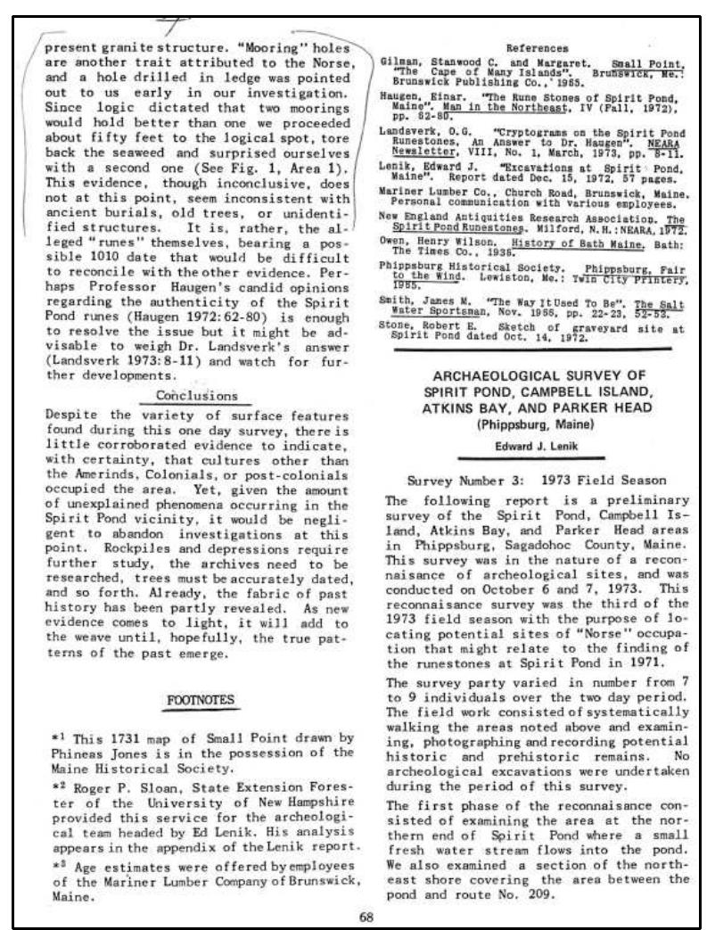 Lenik, Edward J. “Archaeological Survey of Spirit Pond, Campbell Island, Atkins Bay, and Parker Head (Phippsburg, Maine).” New England Antiquities Research Association (NEARA), 8:4 (1974): 68-70. 