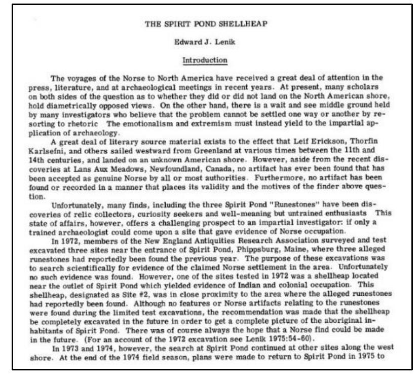 Lenik, Edward J. “Spirit Pond Shellheap.” Report Archaeology of Eastern North America, Volume 5 (1977): 94-107. 