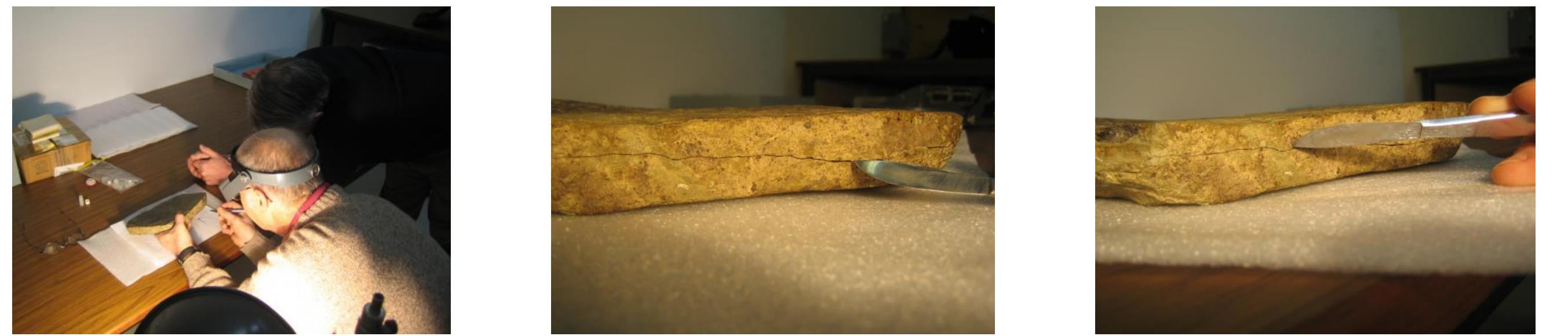 LH) Bruce Bourque (right) and Bob Lewis (left) of the Maine State Museum preparing to extract samples for compositional analysis from the SP3 (Inscription Stone) artifact. The soft composition of nudstone allowed extraction of the sample using a sharp-edged razor, as seen in the photo. (M) Sample area #1. (RH) Sample area #2. These images were included in Scott Wolter’s digital archive ontaining his SPR research. 