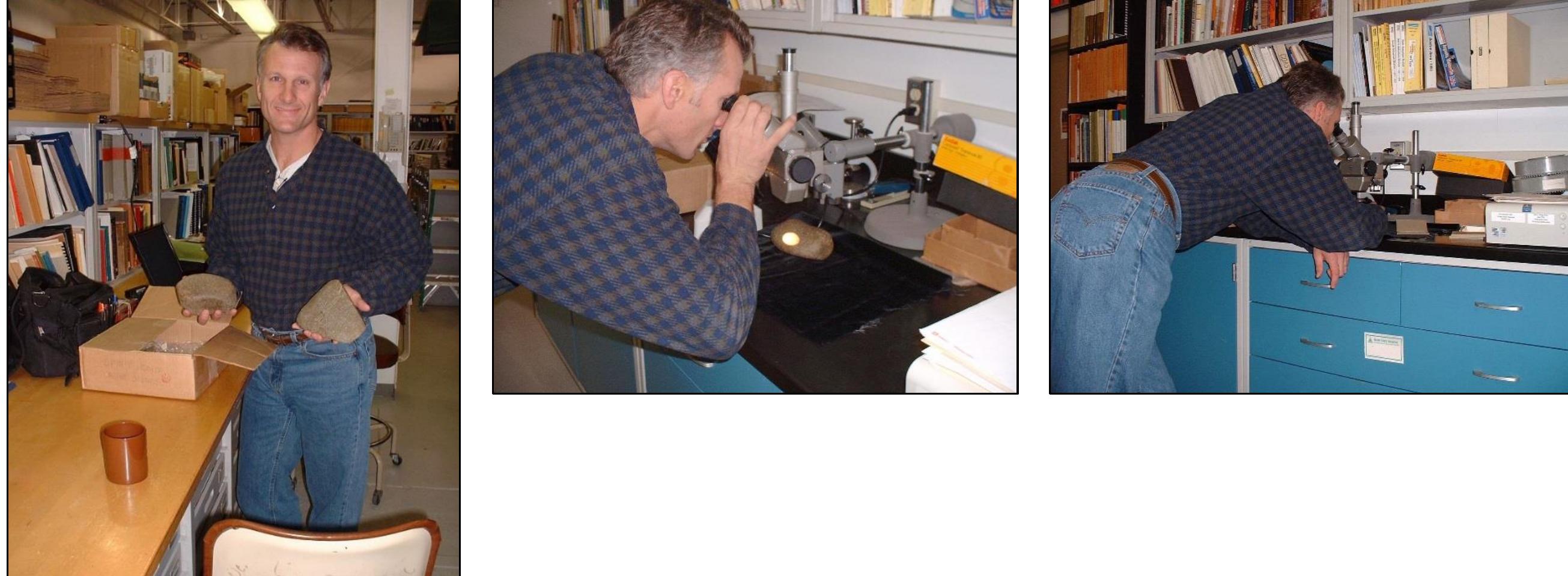 Conclusions: The factual evidence such as the barred runes, numerous linguistic features, the medieval Easter Table dating, the arced X on astrolabe #191, and the Hooked X [Ogdoad-rune] are consistent with all three Spirit Pond Rune Stones being genuine medieval artifacts since they were all found together. The arced X and the pentadic number 44 on the Map Stone, and the arced X on astrolabe #191, indicate the Map Stone is referring to the location of 44 degrees latitude north where the Spirit Pond Rune Stones were found. (Wolter 2009: 259-60)  Scott Wolter at the Maine State Museum on February 7, 2007 examining the Spirit Pond Rune Stones. This image was included in Scott Wolter’s digital archive containing his SPR research. 