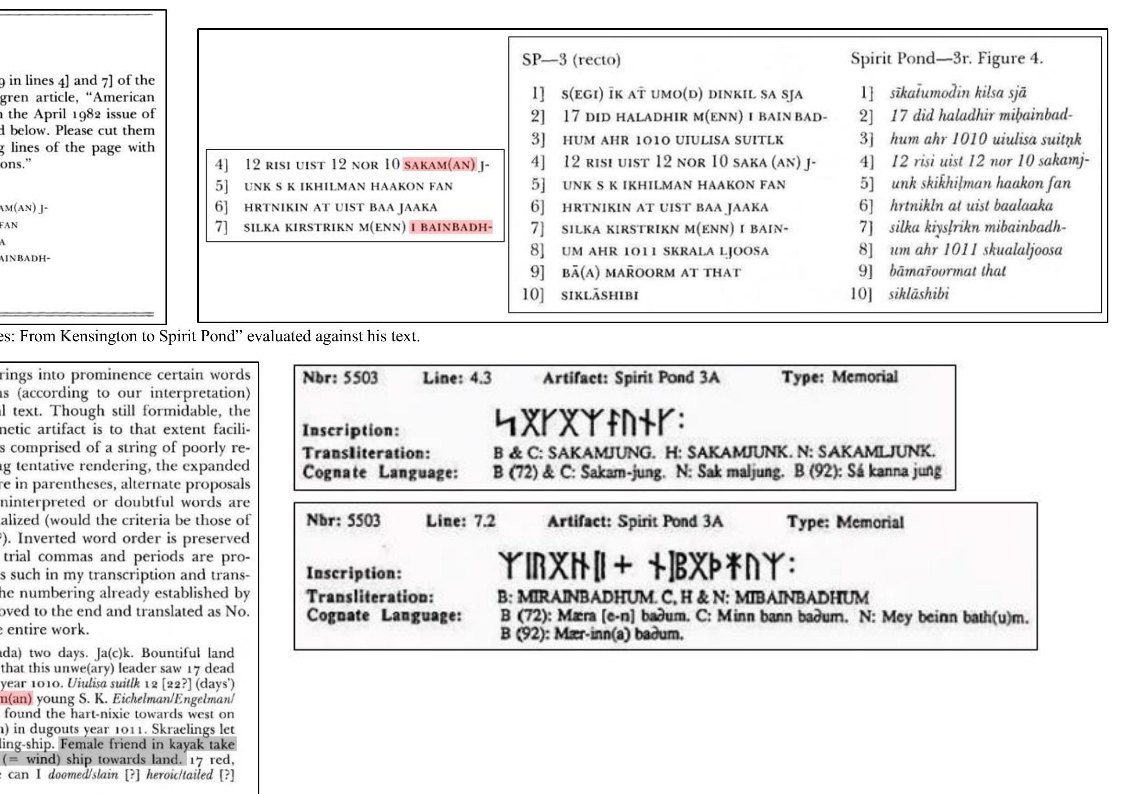 Wahlgren’s correction on Line 4 corrected the omission of the letter “m.’ The correction on Line 7 involved another omission, that of “badh.” Wahlgren’s reading of Line 4 amended the inscription with (an) and his reading of Line 7 substituted a ““b” where others read an “r.” Image sources: (L) Wahlgren, “American Runes,” 1982, p. 177; (RH) Buchanan, “A New Look at The Spirit Pond Runestones,” 1992, p. 148 and 152. 