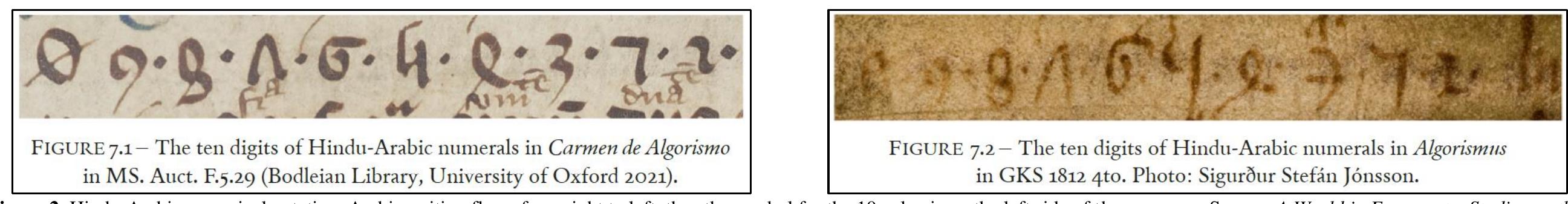 The Old Norse Algorismus contains an explanation of the Hindu-Arabic number notation, including the decimal place-value notation and calculation methods in seven algorithms: additior subtraction, doubling, halving, multiplication, division, and extraction of roots, which is further subdivided into the square root and the cubic root. These methods have been relayed to Algorismus via Carmen de Algorism, which is a versified explanation of Hindu-Arabic arithmetic, built on the work by Muhammad Ibn Misa al- Khwarizmi (ca. 780-850), most likely on Liber Alchorismi, one of the twelfth-century Latin elaborations of his book On the Indian Calculation, the Arabic version of which has been lost. This conjecture is based on the order of tl arithmetic operations, which varies in the different early works written under the influence of his treatise (Dixit Algorizmi, Liber Ysagogarum Alchorismi, Liber Alchorismi, Liber  Pulueris).”! 