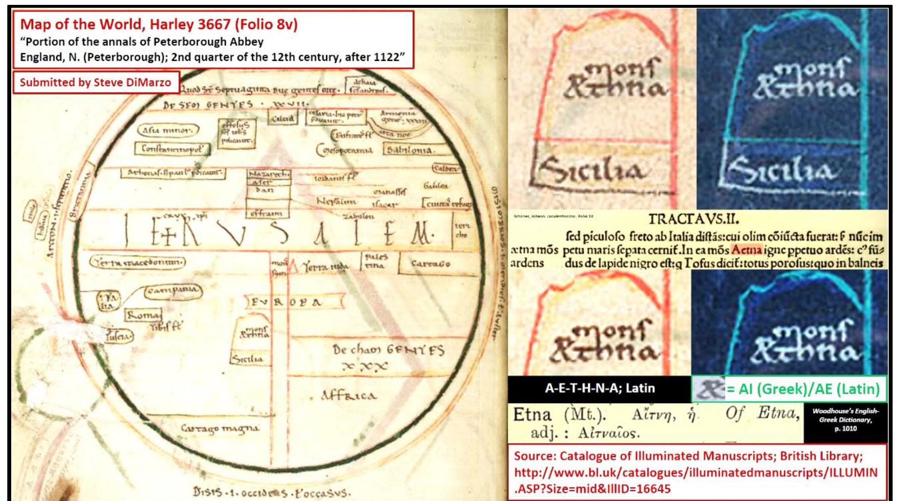 Figure 8. A pseudo-X with a hook form on a c. 1122 English manuscript map. The map’s descriptive labels are written in Latin. The hook is offset from the leg end. No other Xs on the map follow this The contemporaneous Latin spelling of this symbol represents an -@. As the language matured and became more simplified the -@ abbreviated to the singular sound represented by -e. The pseudo-X wi hook form is a breviograph — a symbol that represents a scribal abbreviation for the Latin -@ spelling and sound. The -@ Latin diphthong originally was the Greek -ai diphthong. [Catalogue of Iluminat Manuscripts; British Library; http://www.bl.uk/catalogues/illuminatedmanuscripts/ILLUMIN.ASP?Size=mid&IIIID=16645] [this link is now dead due to the 2023 cyber-attack on the British Library]  