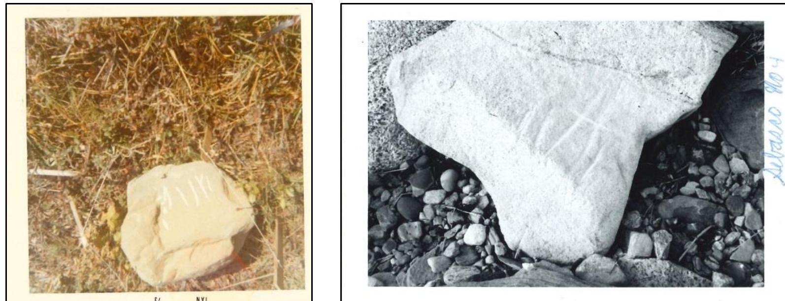 O. G. Landsverk photo-documented an inscribed stone in the village of Sebasco in Phippsburg, Maine. The author has not had success in tracing the exact whereabouts of this stone within Sebasco. The chalked marks would qualify as a “Strandwold Runic Inscription.” These photos are contained within the Landsverk archival material at Luther College (Decorah, Iowa). Haley Jackson, an archivist at the college, scanned and passed these images via email to the author on  June 7, 2018. 
