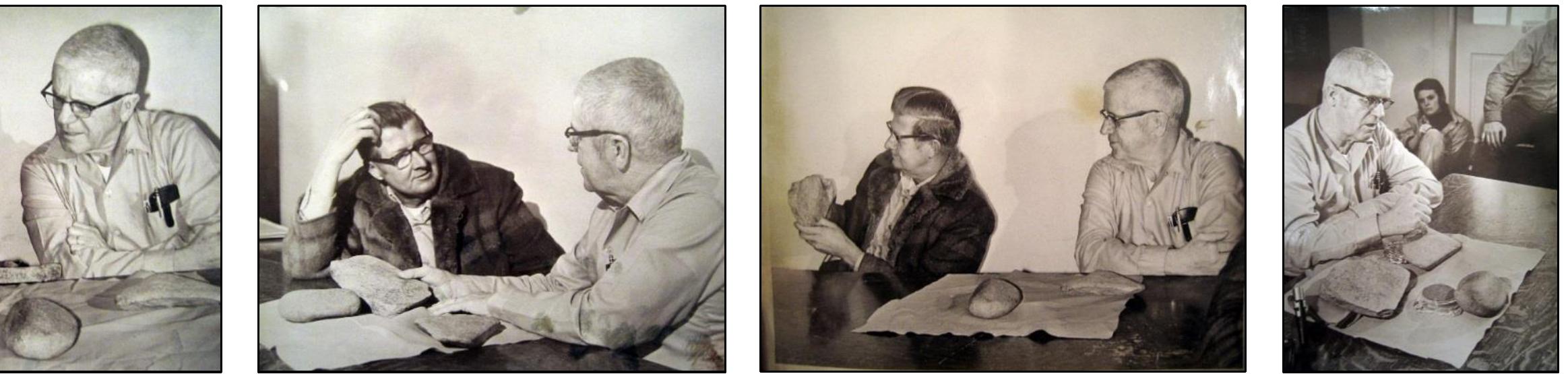 The archaeologists at the MSM, being that they had Haugen’s May 1972 report, knew what content Haugen had omitted from his published articles. Furthermore, at least up unti when Carlson published the transcribed interview between Elliott and Haugen, the full basis for Haugen’s judgements about Elliott were not publicly known. The transcribed intervie available within the MSM archives, but given that mention of it was stripped out of Haugen’s published articles, who knew about it?  Figure 4. Walter Elliott (dark jacket) and Harold Brown examining the SP1, SP2, and SP3 artifacts in late January 1972. The photographs and newspaper article were included in Scott Wolter’s  digital archive containing his SPR research; originals sourced by Wolter from MSM archives.  RUNE STONES RETURN - A “content” Walter Elliott, (left) 43-year old arpenter from Quincy, Mass., examines three historic stones with Harold 3rown, Curator of the Bath Marine Museum yesterday. The stones, thought  yy some to be Runes proving the presence of Vikings in Maine in the early ‘welfth Century, were turned over by Elliott for return to the state. Thus, ends he months of frustration for Elliott, who unearthed the rocks May 27, was nable to get experts to look at them, and finally had them authenticated by  he Landsverk Foundation in Glendale, Calif. Under threat of lawsuit by the tate, which claimed the stones because they were found on state land in hippsburg Elliott made the return yesterday. For his efforts, Elliott was given 4,500 donated by L. M. C. Smith of Freeport. Archaeologists at Harvard and hroughout the world will now examine the stones, and, perhaps, rewrite \merican history. Meanwhile, Elliott will continue to return to the Bath area, is original home, and keep up his archaeological hobby. (Evan Richert  hoto)” 