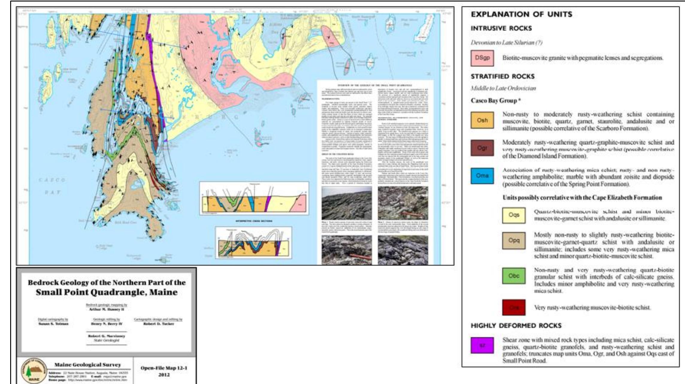 Figure 12. Partial snippet from the “Bedrock Geology of the Northern Partt of the Small Point Quadrangel, Maine.” Source: Maine Geological Survey, https://digitalmaine.com/cgi/viewcontent.cgi?referer=&httpsredir=1 &article=1066&context=mgs_maps.   changed (acknowledging sea level rise) for thousands of years. In the second and third sentences of the above passages Wahlgren admits that Vikings and Norse may well have creat 1d maps and sketch maps on both bark and wood. Then, in the fourth sentence, he again argues that it was pointless to create a map of one’s immediate field of vision. Wahlgren’s arguments are not rational. 