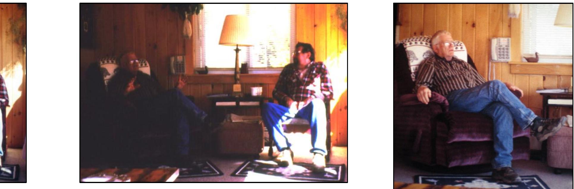 Figure 13. James P. Whittall (vertical-striped shirt) and Walter J. Elliott (flannel shirt) at Elliott’s Grand Lake Stream, Maine home; unknown date (Elliott died in February 1998, Whittal in November 1998). These images were included in Scott Wolter’s digital archive containing his SPR research; originals sourced by Wolter from MSM archives.  The remaining literary works have data elements (evidence) that either support the SPR being a) hoaxed or b) authentic artifacts. These elements will be presented and critically xamined later in this work. 