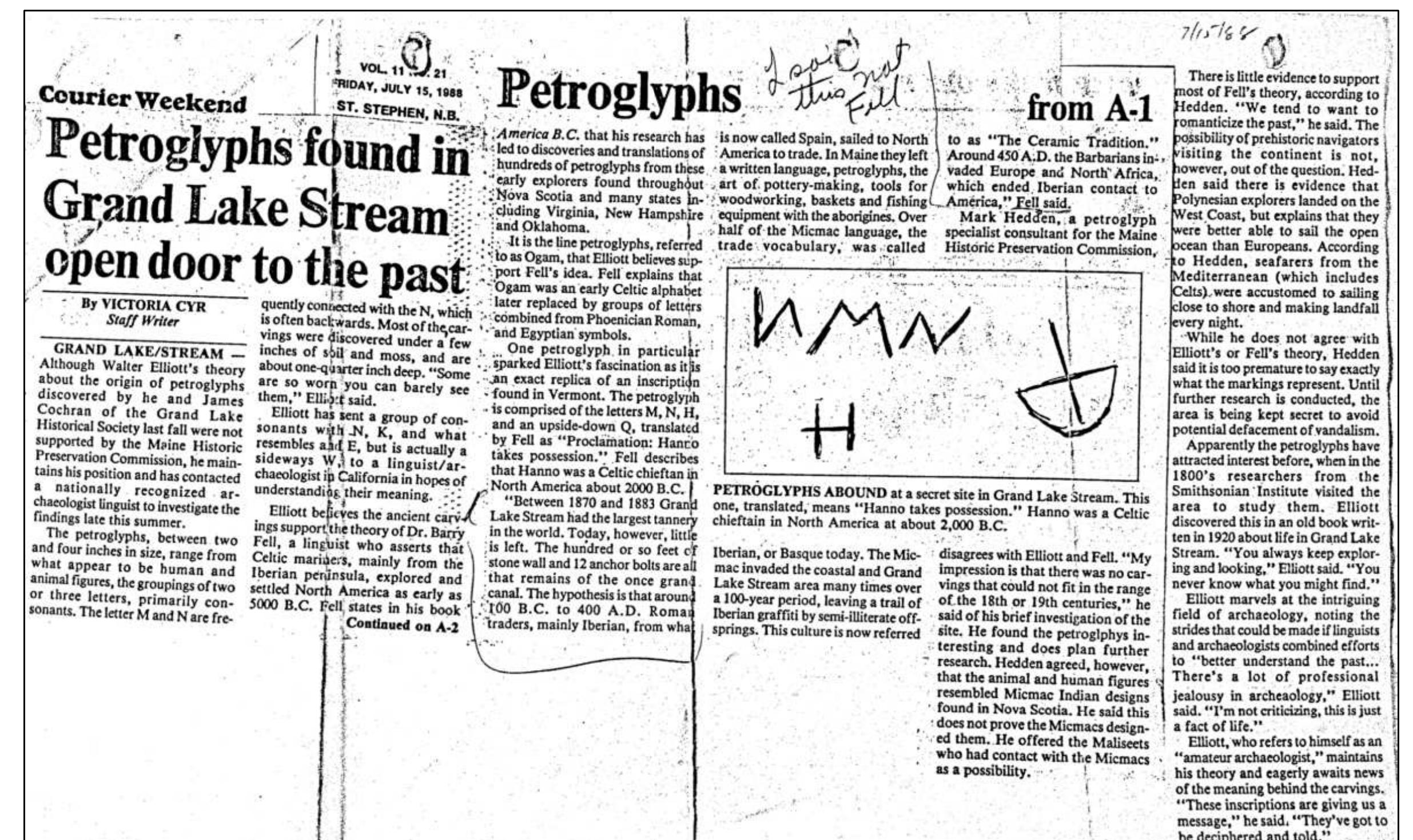 Figure 14. A July 15, 1988 newspaper article from the Courier Weekend from St. Stephen, New Brunswick reporting out the re-discovery of the Grand Lake Stream petroglyphs by Grand Lake Historica Society members James Cochran and Walter Elliott in the fall of 1987. Source: NEARA archives (online, membership required). 