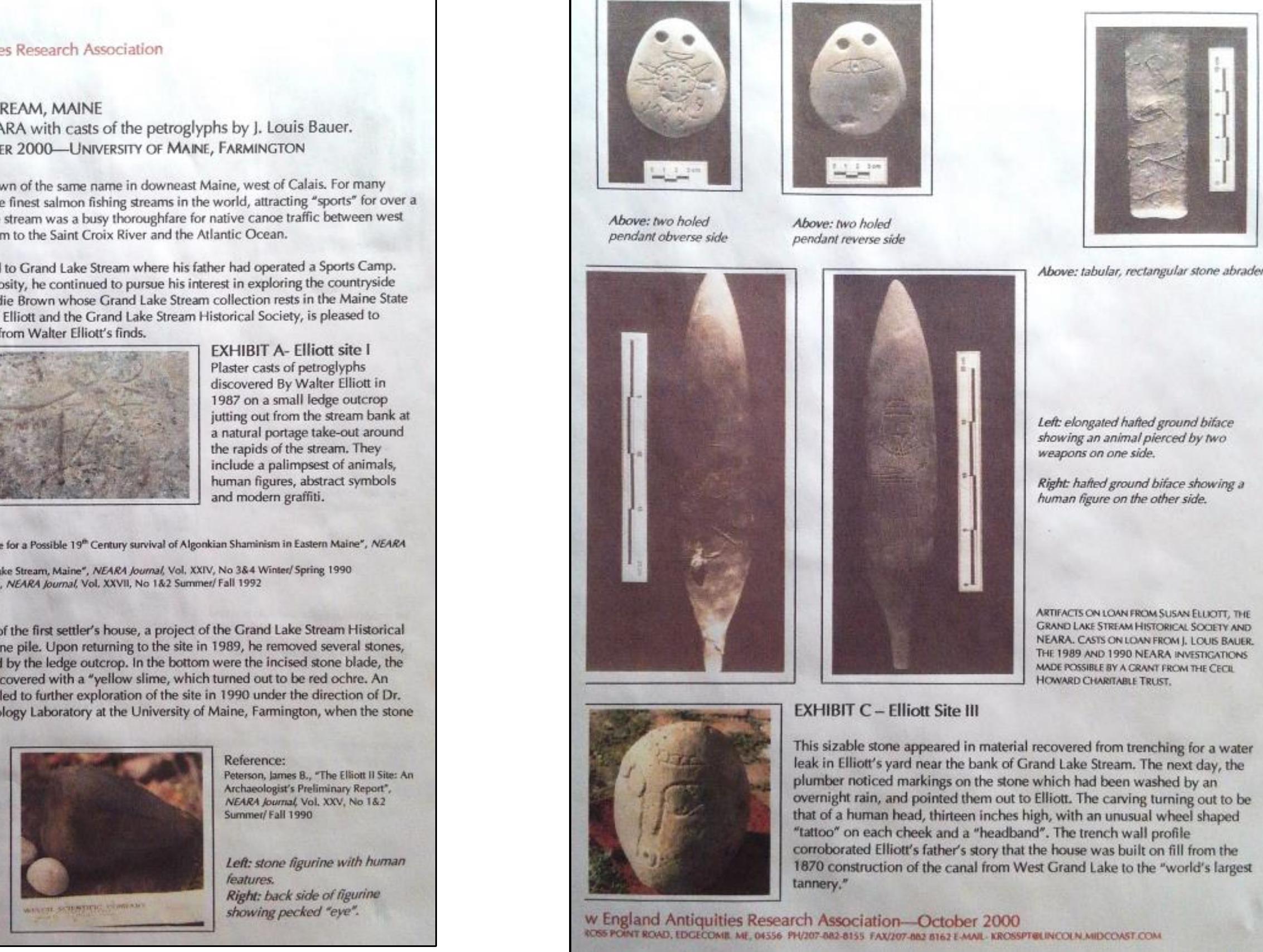 Figure 15. An October 2000 summary overview of the Elliott Site I (petroglyphs), Elliott Site II (cist), and Elliott Site III (carved stone) discoveries in Grand Lake Stream. Source: NEARA archives (onlin membership required). 