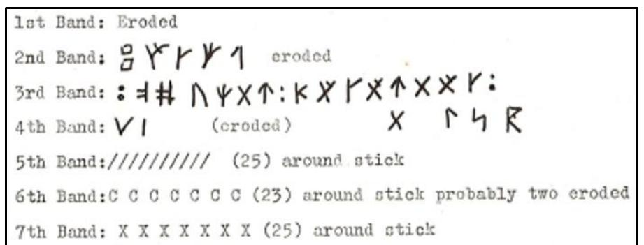 Veep groove between bands Y and 0 appears worn as by a thong.  (3) L arranged with a friend, who is a professional photographer, to have a series of pictures taken. With the stick mounted in such a way that it could be rotated so that the pictures would have a slight overlap. I hoped that in this way we could reproduce the characters in the same sequence as I found them with the glass. Unfortunately, this was not completely successful, bu at least some of the runes did come through well enough to be recognizable. These prints are 4 2 x 6 2 and present the object life-size. I had four sets prepared at a cost of $5.00 per set. I have the negatives and would be happy to supply sets at any cost if anyone wants them.  (4) I mailed a set of prints to Dr. Cyrus Gordon, who has also been involved in the study of the Popham inscriptions, and filled him in on my results along with the 3x5 card. Dr. Gordon  forwarded all the material to Alf Mongé in California who subsequently wrote me for further information. Copies of their correspondence to me is attached to this report. Unfortunately, I made no copies of my letters to them, so I cannot include that information.  (1) Upon my arrival at home after receiving SP5 from you at your office in Augusta I immediately subjected the artifact to a thorough examination and careful comparison to my own hast sketch of it which I made when it was first shown to me by Mr. Harold Brown at Bath Marine Museum. I felt this was necessary for two reasons. One, to assure myself that this was indeec the same SP5 which I originally examined at Bath before it ever left Harold’s possession. Two, to make certain that so far as I could tell, it had not been altered or changed in any way fror its condition as I first saw it. My examination satisfied me completely on both counts.  (2) I placed the artifact on a neutral background in good light from an oblique angle in order to get good shadow detail. Using a 2 % inch reading glass, magnification unknown, I carefully examined each band on the stick, starting each time from the same point on the circumference I turned it a quarter inch at a time until I returned to the point of beginning, recording as I went on a 3x5 card the runic characters as I found them.  This is the result: 