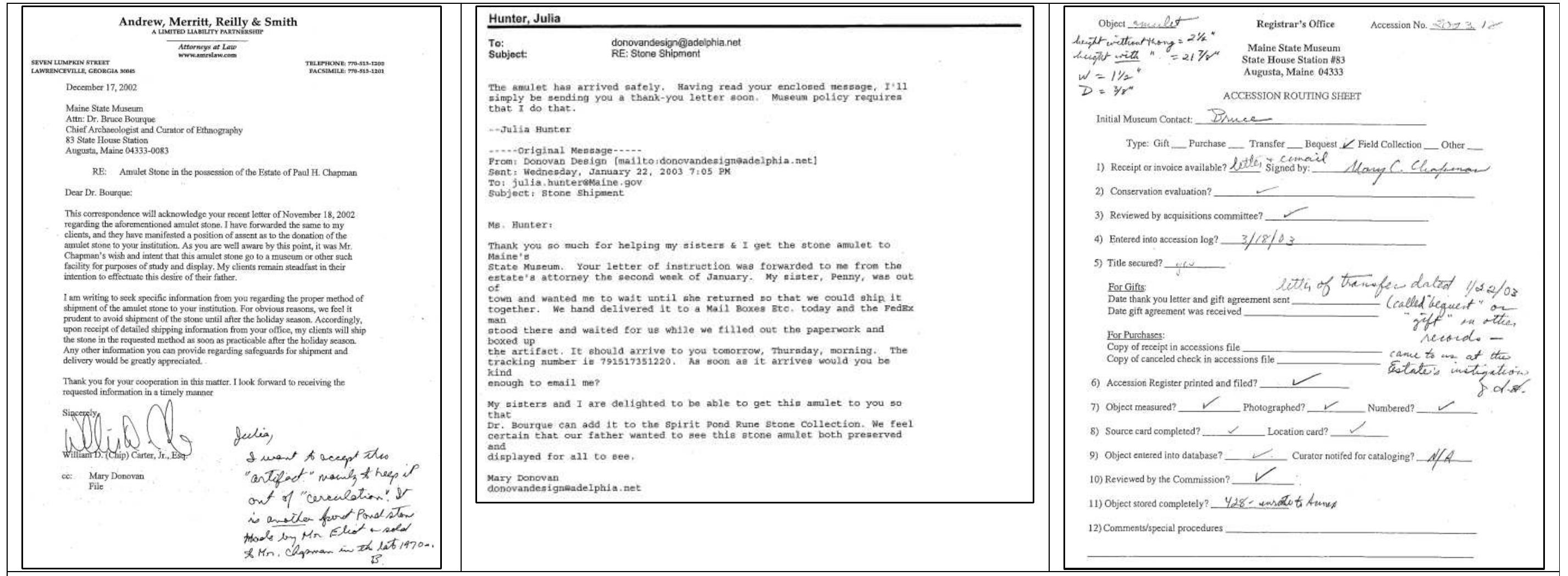 Figure 31. Documentary evidence held in the MSM archives detailing the accession of the SP4 artifact to the collections of the MSM. Source: Beaupre, September 9, 2024, personal communication.   The public disclosure of the Amulet Stone (SP4) took place in March 1975 when Jim Whittall produced a five-page article (“A Runic Amulet”) for his Bulletin Early Sites Research ociety journal.'® The following month reporter David Haskell wrote an article for the Nashua Telegraph: 