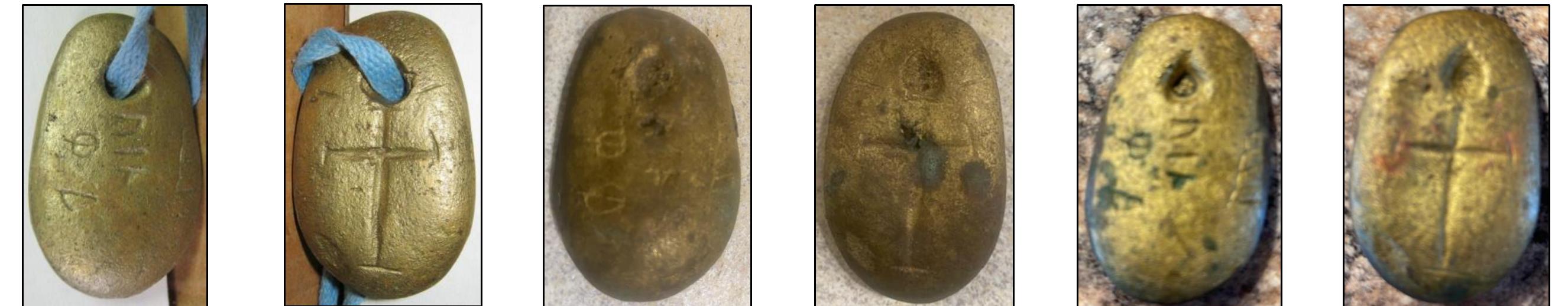 Figure 32. Walter Elliott, at some point after his discovery of the Amulet Stone in late May 1971, had cast replicas produced. At present, three castings have been verified to exist. The images of the LH amulet were obtained in March 2015, the M and RH amulet images were obtained in May 2024.  The author, in the many visits and discussions with Lynda Wyman prior to her passing this year (2024), would discuss the SPR and other related historical aspects of Phippsburg, Maine. Lynda knew Walter Elliott. She said Walter did not hoax the stones, never wavering in her conviction. During one visit with her, she walked over to the opposite side of the room and returned with her cast copy of the Amulet Stone. The folks in that small town in Maine told the experts that Walter Elliott didn’t hoax or plant the SPR, but they were ignored. 