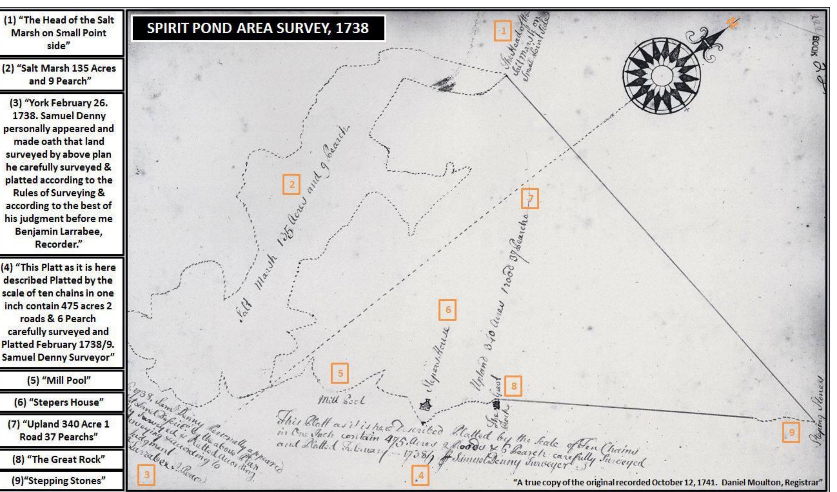 Figure 36. A 1738/39 Samuel Denny survey map of the tidal marsh area of Morse River extending into the western side of the of the later-named Spirit Pond. The basin of the later-named Spirit Pond was referred to as the “Mill Pool” on deeds and this survey map. The survey is on file at the York County Maine Registry of Deeds (Alfred, Maine). The Phippsburg History Center Facebook page discussed this survey map: https://www.facebook.com/photo/?fbid=5 19926691416872&set=a.126694844073394.  