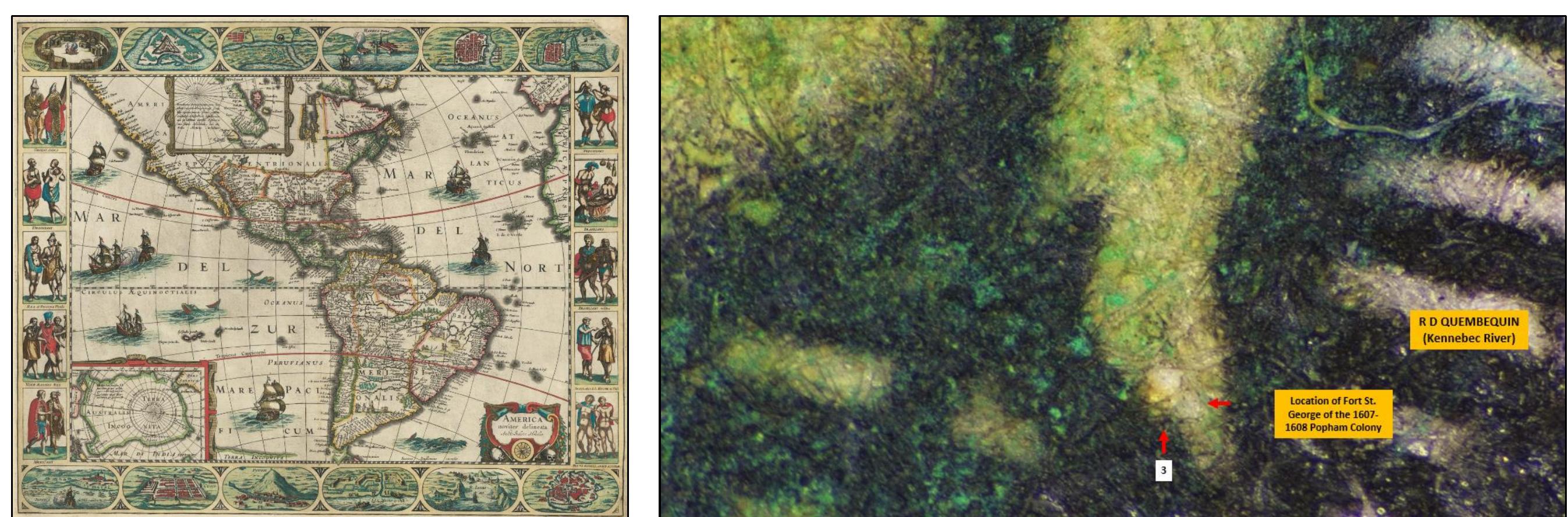 Figure 45. 1623-1625 Jan Jansson Map [America noviter delineata...]. Jansson illustrated the lower Kennebec (Sagadahoc River) region. The Morse River and the basin of the later-name Spirit Pond  were not illustrated. Jansson illustrated the location of Fort St. George of the 1607-08 Popham Colony. Discussion at: httos://www.facebook.com/photo/?fbid=75774542639 1287 &set=a.546005 150898650. 