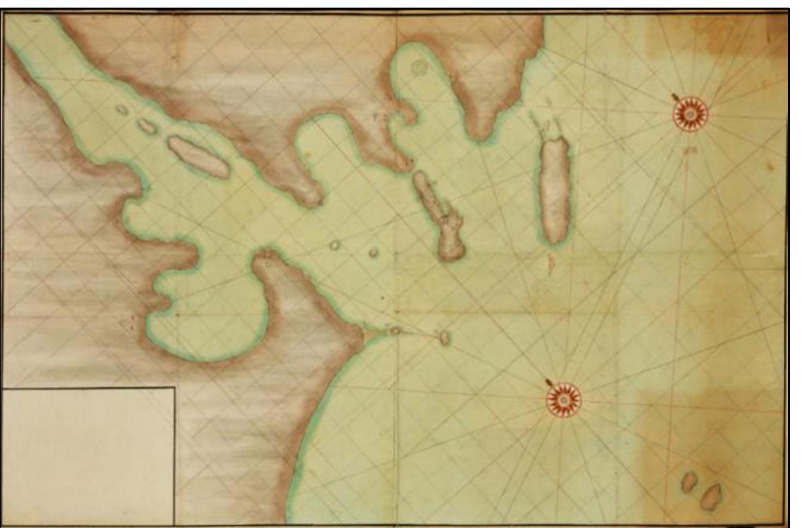 Figure 46. 1688 Pasquine Map of the lower Kennebec (Sagadahoc River) region of Phippsburg, Maine. The Morse River and the basin of the later-name Spirit Pond were not illustrated on this map. The Phippsburg History Center Facebook page discussed this map: https://www.facebook.com/media/set/?set=a.77 3419822734223&type=3.  Figure 47. 1731 Phineas Jones Map of Small Point (Phippsburg, Maine). Jones wrote within the basin of the later-named Spirit Pond: “Good place for a Mill // Mill Pond.” This map is a holding of the Maine Historical Society (Portland, Maine). Source: https://www.mainememory.net/record/12572.  