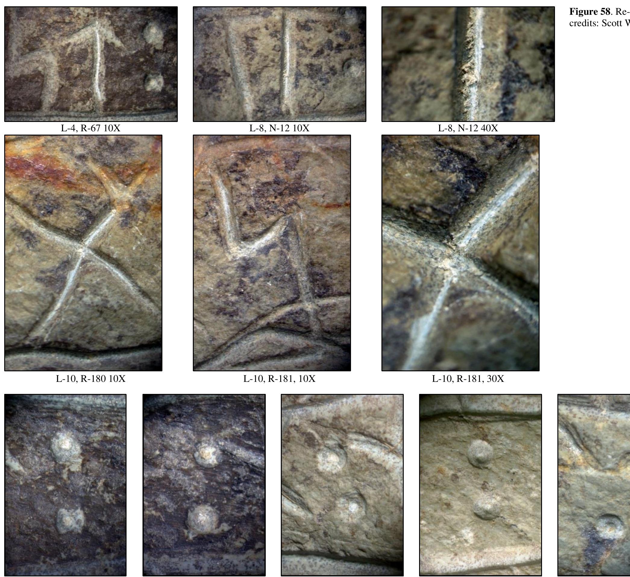 SP3; L-9, WS-32 15x  Inscription Stone (SP3) Imagery   SPS, L-4, Wo-ls Lox SPS, L-4, WoO-lt LOX OFS, L-0, Wo-4l 1x OFS, L-/, WO-2) LOX SPs, L-7, WoS-5 Figure 59. Double-dot word separators on the Inscription Stone (SP3), some have been re-tooled (date unknown). Photo credits: Scott Wolter. 