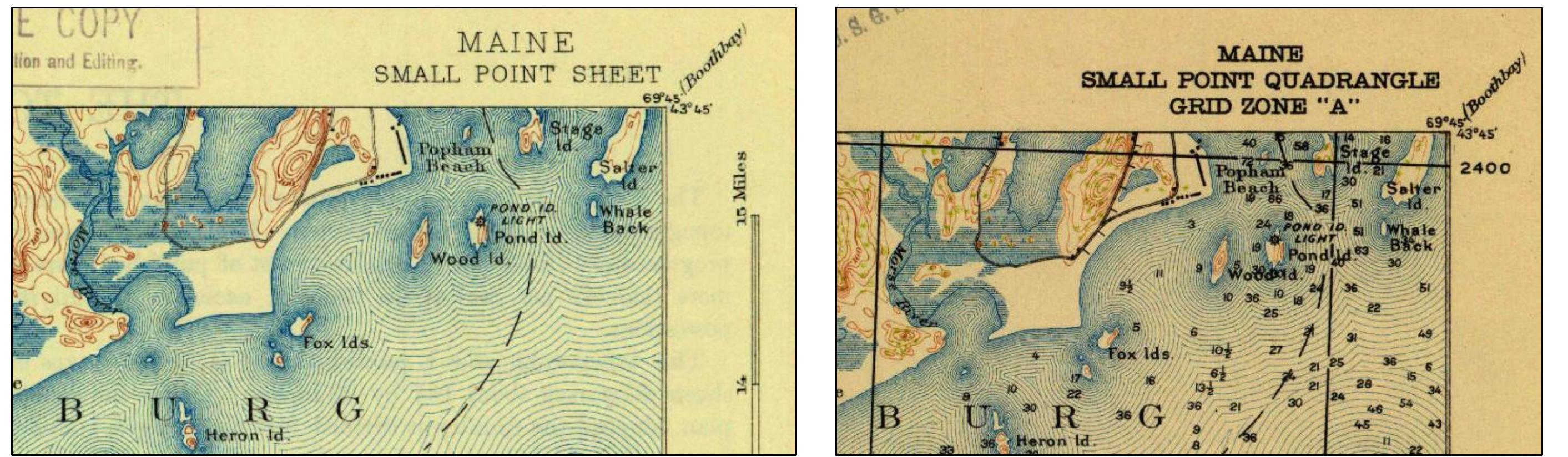 ‘igure 60. No homesteads were illustrated on the western side of Spirit Pond on the USGS Quad Maps of Small Point, Maine in (LH) 1893 and (RH) 1919. Source: (LH) https://ngmdb.usgs.gov/ht: in/tv_browse.pl?id=c18b2bd4c4fdbc2fccb78a2f5c94a86b and (RH) https:/ngmdb.usgs.gov/ht-bin/tv_browse.pl?id=be75cda820f82e54b0eb3cbd6e1 1le38d.   heaviest absorption/deposition of iron oxide is found on the front side of the Inscription Stone (SP3). Elliott reported that the Inscription Stone (SP3) was found first. It is likely that the front side of SP3 was pointing to the sky as this side has the greatest iron oxide staining of its surface  area. Elliott stated that the Map Stone (SP1) was the next stone recovered. The front side of this stone, containing the incised map, does not exhibit any iron oxide staining. Thus, it stands  that the front side with the incised map was face down in the thin soil. The reverse side of the Map Stone has some iron oxide staining thus this side was pointing to the sky. The Norsefolk  Stone (SP2) was discovered next, its front side showing some slight iron oxide staining. The Amulet Stone (SP4) has staining on both sides. It could be argued that Elliott recovered all four SPR artifacts from the shoreline (a misnomer since the location is not always “‘shoreline”) shell heap area, based on the iron oxide staining. 