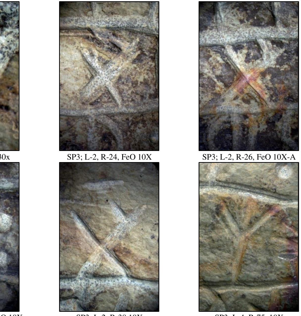 SP3; L-2, R-27, FeO 10X SP3; L-2, R-28, FeO 10X SP3; L-2, R-30, WS-6 FeO 10X Figure 61. Iron Oxide (Fe2O3) staining on the Inscription Stone (SP3). Image credits: Scott Wolter.  Lenik’s catalogued cultural artifacts from the shell heap adjacent to the ledge included only two groups of items datable to the 20" century. The first group, consisting of a singul item, was a “Black Ceramic Insulator” dated to “Probably the 20" century.” Ceramic insulators were used on telegraph and electrical power lines — neither of these utilities ever bein located on the western side of Spirit Pond. This item was likely transported into the area and discarded. The second group consisted of thirteen shotgun shell casings, dated between and post-1910. These items reflect transient use of the area by hunters. 