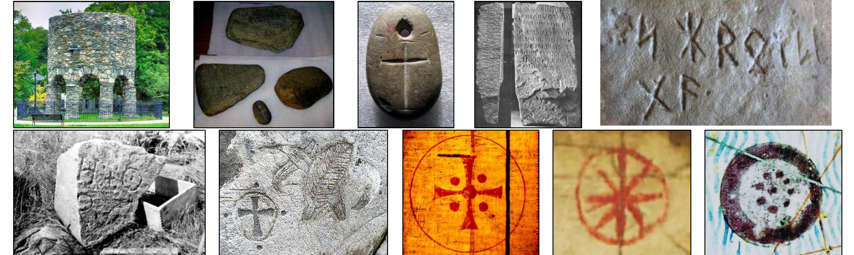 Figure 72. Artifacts containing Christian Ogdoad symbolism, left to right: (Top row) North American Baptistery (Newport Tower) (8-pillar structure), Spirit Pond Rune Stones (Ogdoad-runes), Sp Amulet Stone (8-line cross), KRS (Ogdoad-runes), and NRS (Ogdoad-rune); (Bottom row) Nova Scotia (Oak Island) “H+O stone” (8-element cross), Nova Scotia (Overton) Overton Stone (8-elem Liber Floridus (1090-1120), ff. 241v-242r (Ghent University Library( (8-element cross), and 1313 Petrus Vesconte Portolan Chart, Insula Tille (8-segment circle representing, by proxy, North Ame 1375 Abraham Cresques Catalan Atlas, Insula de Brazil (8-dotted circle representing, by proxy, North America).  Once one recognizes that the unique rune form on the SPR, KRS, and NRS represents the Christian Ogdoad, all symbolically referent to the North American Baptistery (} Tower), then other symbolic representations of the Christian Ogdoad in both North America and Europe become evident. Representations were designed into baptistery’s, scr stone monuments, written in manuscripts, illustrated on cartographic works, and stamped onto coins. 
