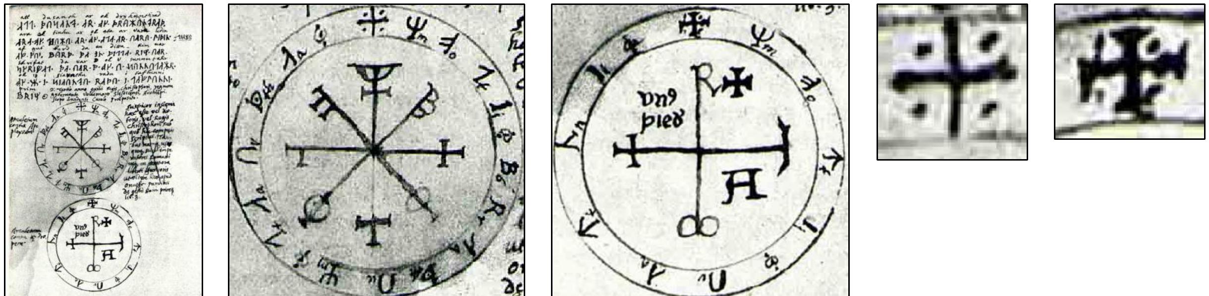 Figure 73. Ogdoad symbolism within the 1328-produced Codex Runicus. The nineteen-year metonic calendar was used to calculate the date of Easter, the eighth day, which is the Ogdoad. (2™ from | four dot-cross at top dead center, count | of the 19-year calendar, has four dots between the four arms of the cross. The count totals eight. The eight-spoke array in the center of the circle likewise repre the Ogdoad. (3" from left) A four dot-cross, a representation of the Ogdoad, is found at top dead center of the twelve total symbols arrayed in the outer circle. The count of eight represents the Ogdoac “By Ole Worm - Initially from the manuscript of Worm, Ole (1626). Computus Runicus, retrieved from this page, Public Domain, https://commons.wikimedia.org/w/index.php?curid=5006369.”  