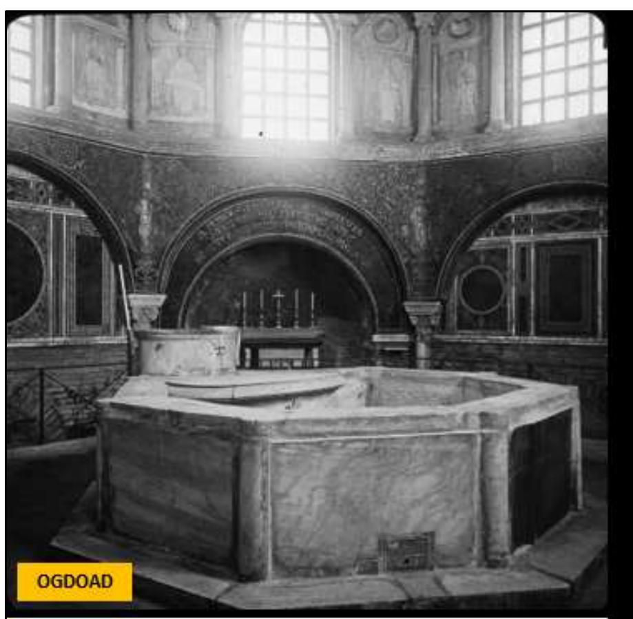 Figure 75. Octagonal baptisteries and/or octagonal baptismal fonts (large or small) were physical manifestations of the Christian Ogdoad. Cited text from: Cox and Harvey, English Church Furniture, 160-61. 