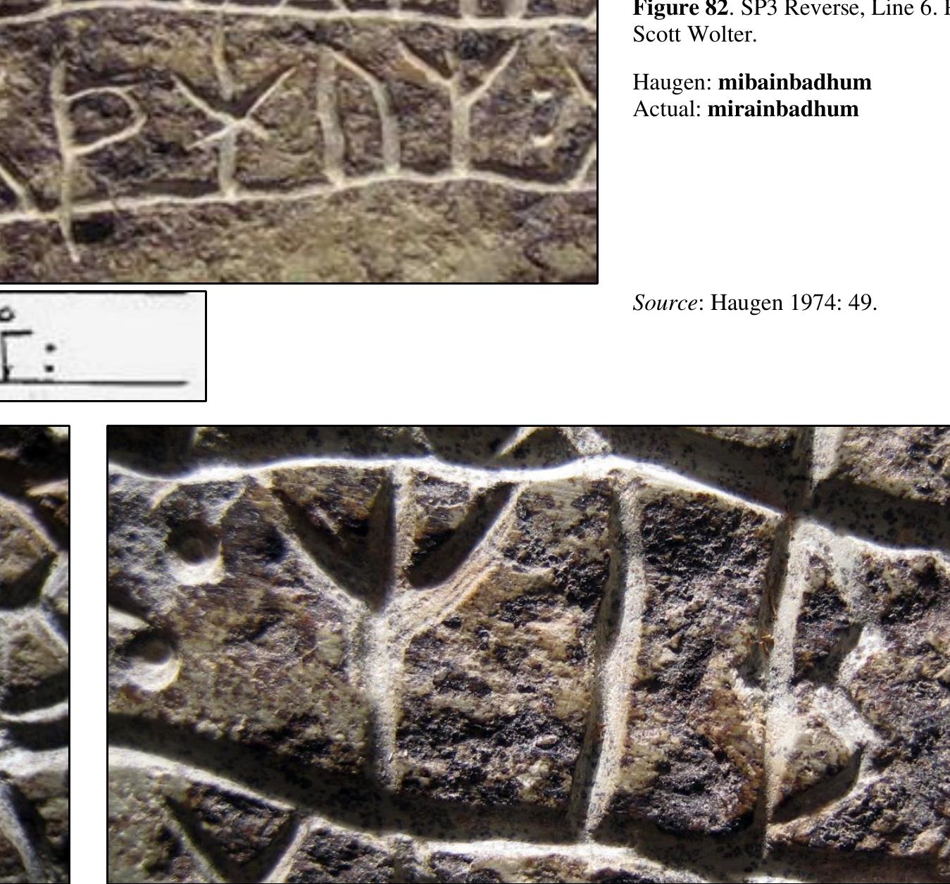 Figure 83. The r rune constructs for the compounded word of mirainbadhum on the [inscription Stone (SP3). The upper left image is from Line 2 (front). The first glyph can suitably be read as r while noting the loop is more closed than other r usages on the stone. The upper right image is from Line 7 (front). The third glyph’s upper loop is somewhat more open than the loop on the Line 2 rune form. The thick down stroke from the loop is similar to what is found on r constructs. A thick angled line connects between the thick down stroke to the bottom of the vertical stave. Most would read this glyph as a b. The lower left image is from Line 6 (reverse). This rune has been damaged. A thin, curved line. bright in color, has been added to the punch segment that does not intersect (close onto) the bottom of the vertical stave. In close-in images of this rune, the thin curved line looks to be re-tooled into the inscription. Photo credits: Scott Wolter. 