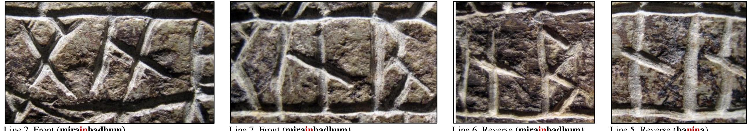 Line 2, Front UMirainbaagnuM) Line /, Front Gniralnbaagnum) Line 0, WEeVeTSe CHNTaimnpaagnumy LIne J, WEeVerse (Dahiina ) Figure 87. Visual confirmation of the [in] rune form sequence in mirainbadhum. A comparative example (Line 5, reverse) is provided of a [nin] rune form sequence is provided. Photo credits: Scott Wolter.  The objective conclusions of this analysis are that Carver #2 scribed mirainbadhum on Line 2 (front) and then he made a mistake on Line 7 (front) with mibainbadhum (but pri a correction with the b rune of the badhum). The reverse side mirainbadhum (Line 6) is not fully resolved whether an r or b rune was originally scribed. 