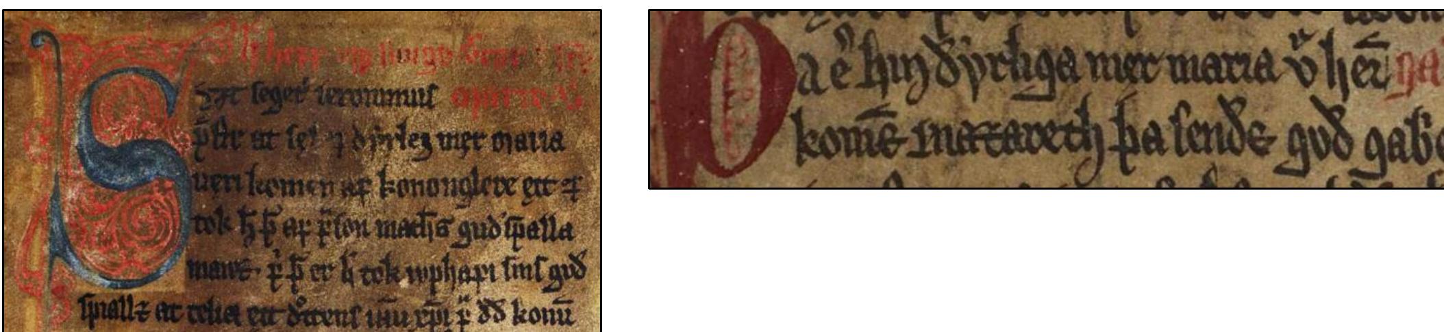Figure 89. (Top) The term mer maria in the AM 0232 fol. Icelandic manuscript (Sagaer om helgener og Jon Keltilssons ubetalte geld). This manuscript (1290-1499 AD) is one of several surviving Scandinavian works containing the Mariu Saga. The second line with black ink, at the far right, is where mer maria was scribed on f. 55r. The two words translate to ‘Virgin Maria’. (Bottom) Mer maria on folio 58r. Source: https://handrit.is/manuscript/view/da/AM02-0232/0#mode/2up.  