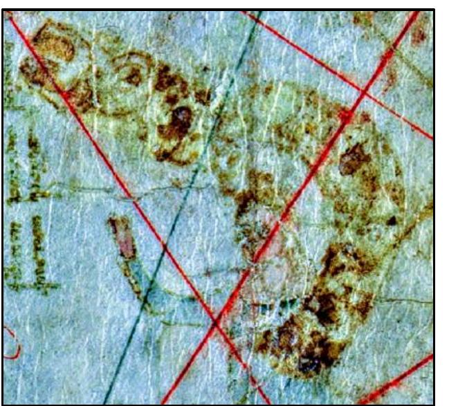 Figure 95. The Blessed Mother Mary on the North American landform on the 1550 Portuguese Portolan of the Atlantic. The vignette is positioned directly above the Rio de Buena Madre. Source: The Bodleian Libraries, University of Oxford, MS. K1 (111), special photography.  Figure 94. The trefoil-shaped Insule de Corvi Marim and Lico Nigi on the 1375 Catalan Atlas of Abraham Cresques. Source: gallica.bnf.fr / Bibliothéque nationale de France.  Figure 93. Blessed Mother Mary illustrations on the 1367 Pizzigani chart. Source: MS. Parm. 1612; Biblioteca Palatina, Parma, Italy; 368 MB  special photography.  Figure 92. The word baphum is scribed 3x (Trinity) on the SPR Inscription Stone (SP3). This word was present in Old Swedish, the language in use at the time (1401/02 AD) the SPR were inscribed. 