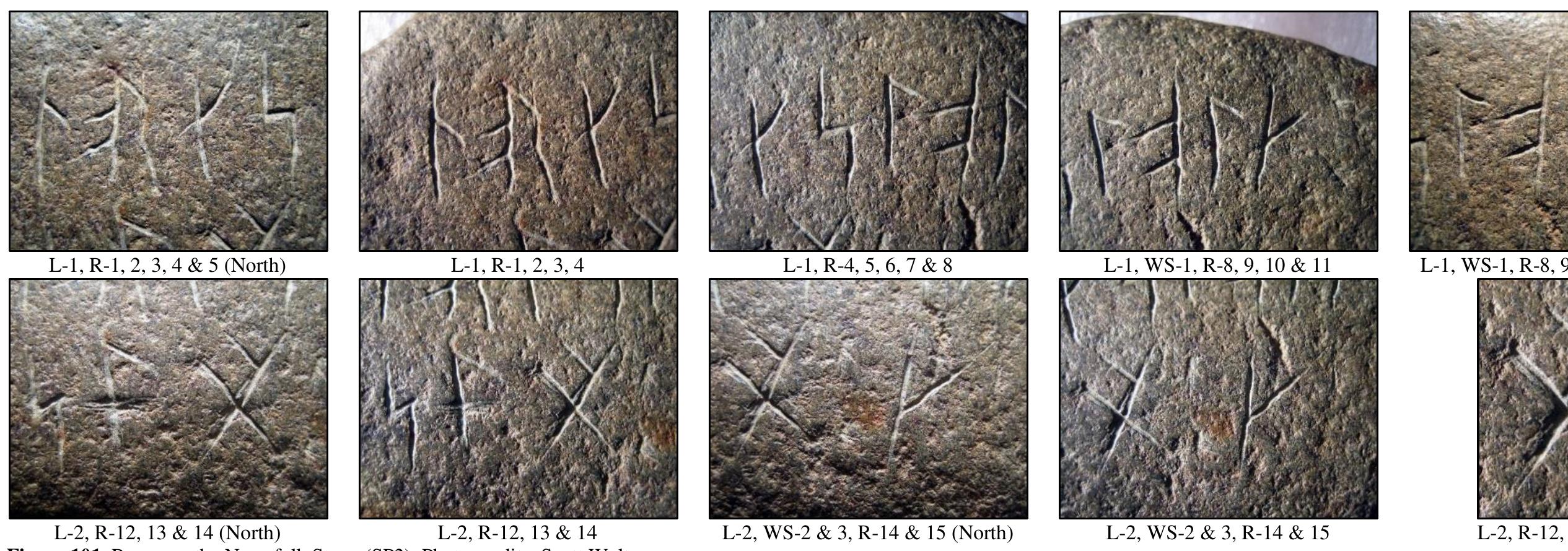 Carver #1 made two mistakes in carving the compound word norsefolk. The first mistake was the omission of the letter e after the or bind-rune and the (P) rune. The carver corrected his error by binding an e rune (1) onto the vertical stave of the k/g rune (#). The branch of the e rune (4) is not prominent, thus easily missed. Haugen, who physically had the SP1-3 artifacts, most certainly saw the slight branch extending to the left on the k/g rune () — even though he did not write of it in his report. The noregs letter sequence is found within Cleasby and Vigfusson (An Icelandic-English Dictionary) and clearly represents Norway (which, by translation, provides Norse). 