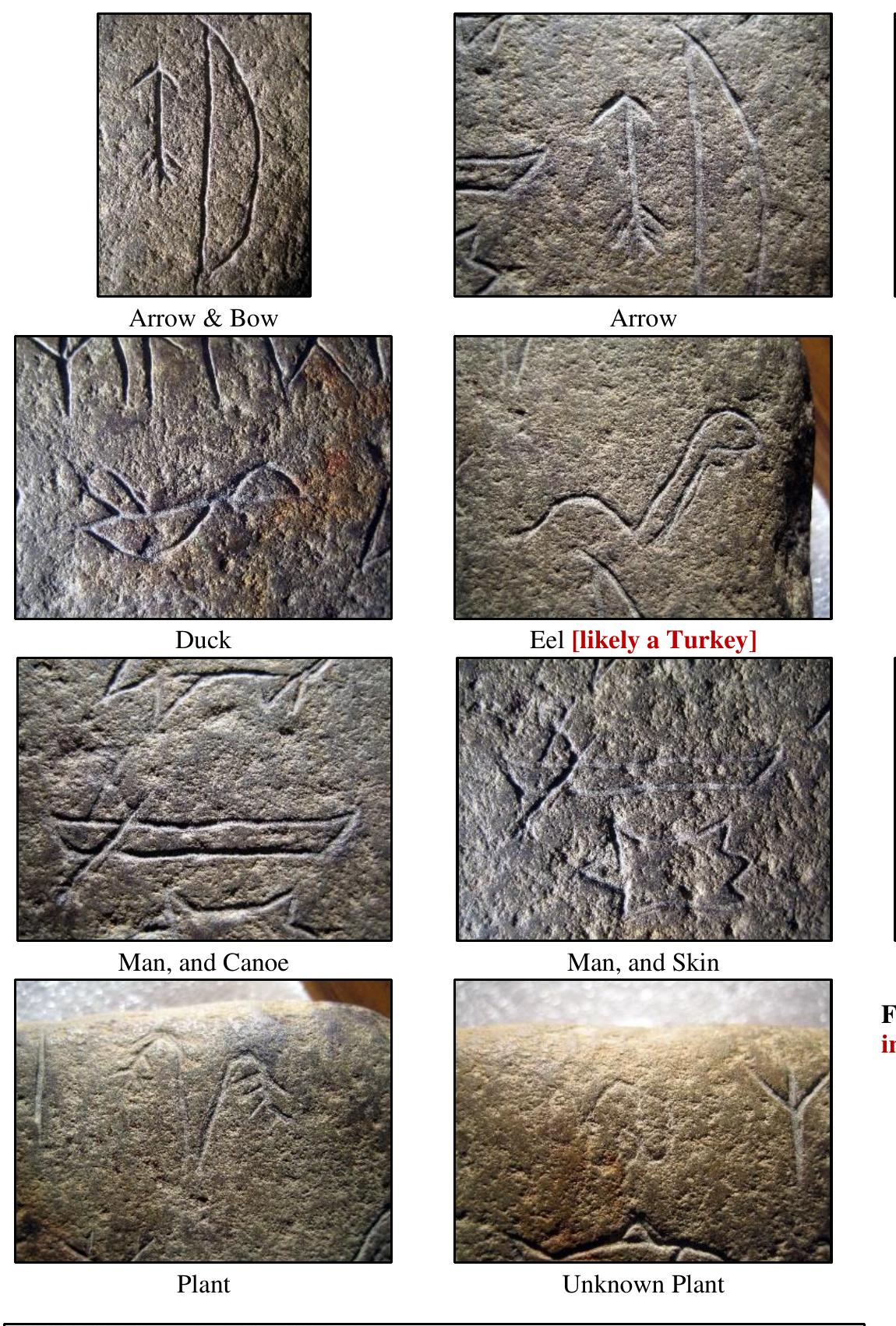 Spirit Pond—t (verso), Figure 2. There is one inscription, along the upper edge of the surface, followed  bya number of pictographs: | | Tl Xe]  Below the pictographs there are two cryptic figures, one an X with an arc inscribed between its upper arms, the other a ladder-like figure with four full crossbars above four that do not cross, but are  only on the right. 