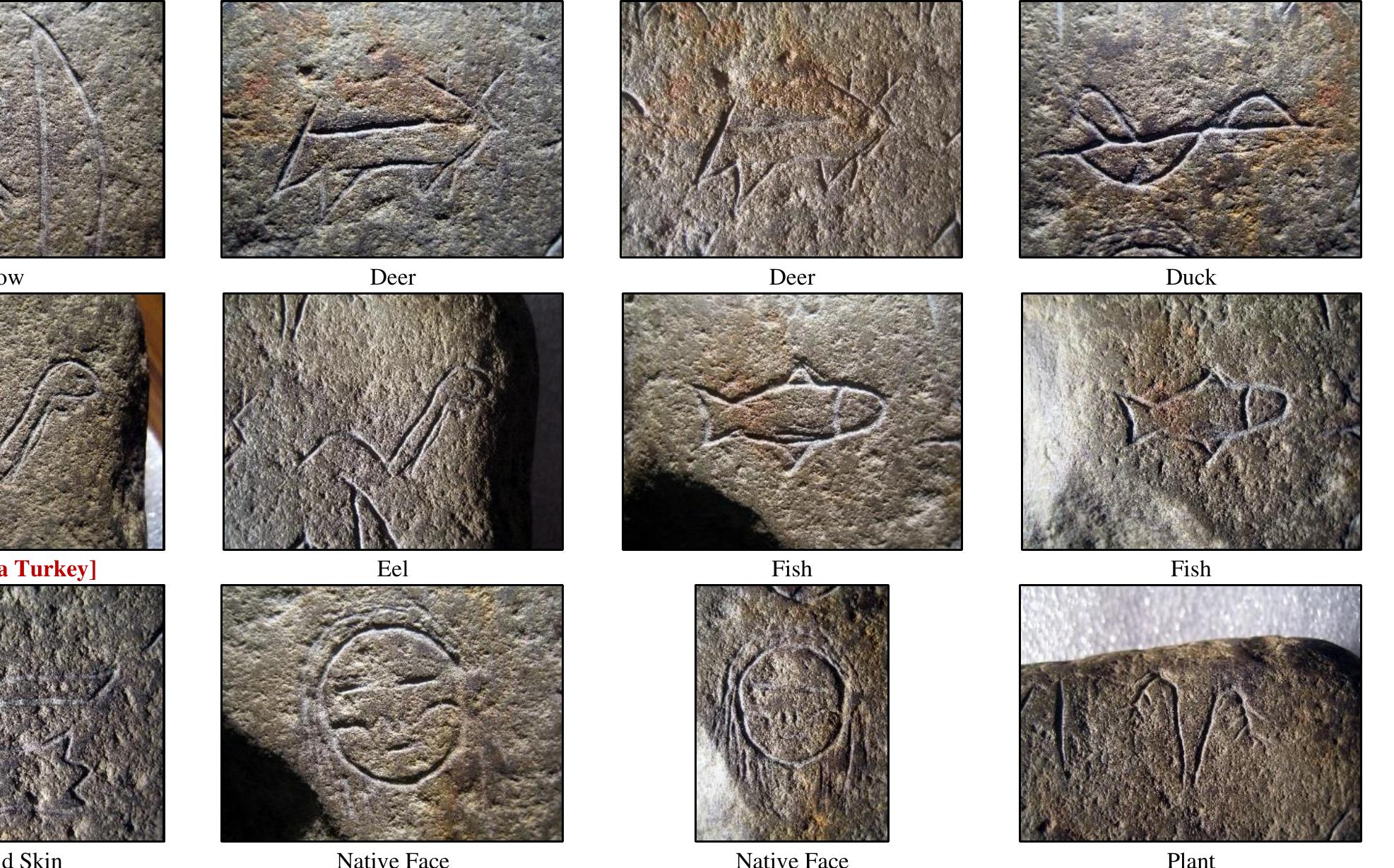 Figure 109. Pictographs on the reverse side of the Map Stone (SP1) artifact. Label conventions per Wolter [author interprets one pictograph as being the head and forebody of a turkey]. Photo credits: Scott Wolter. 