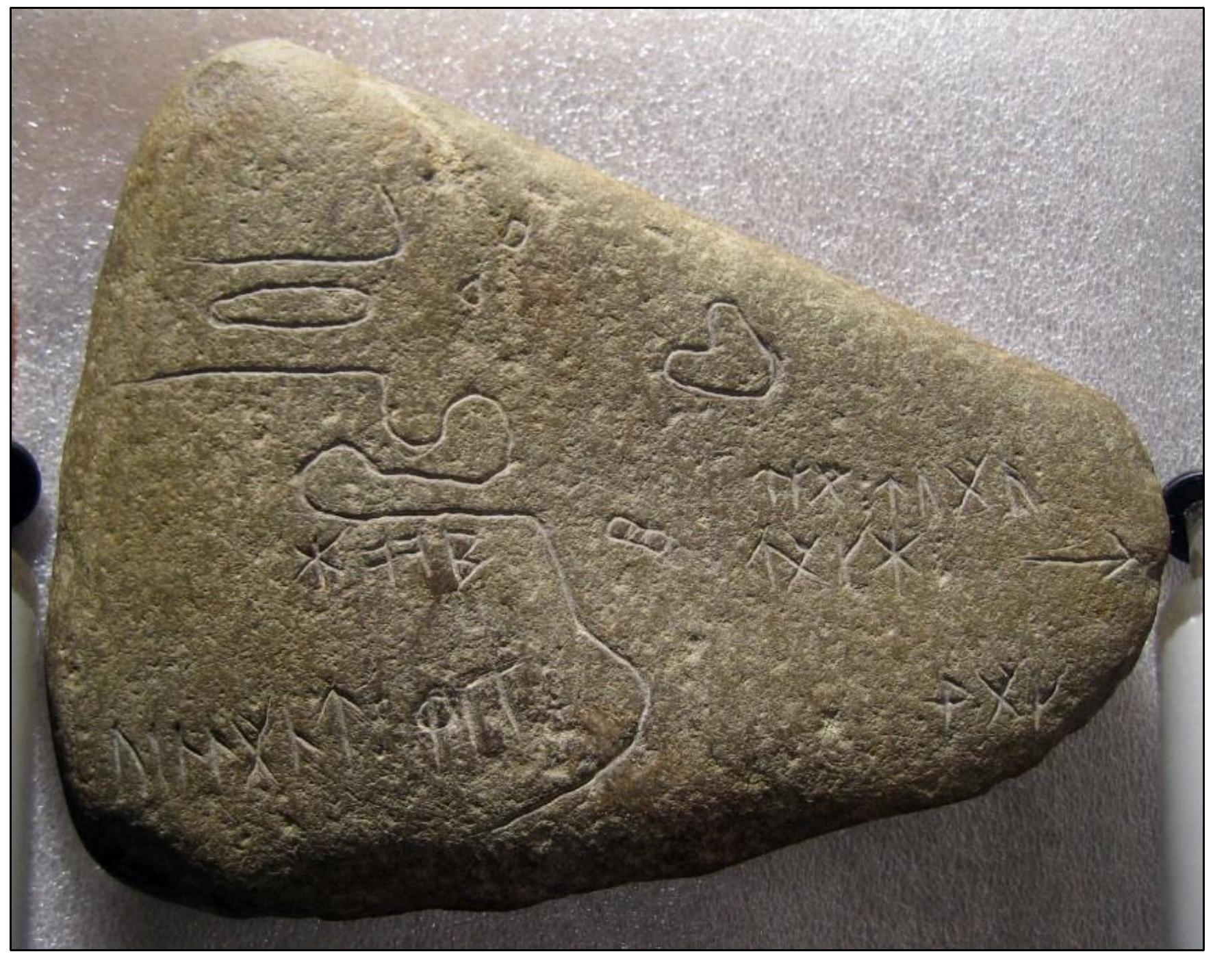 Front Side Inscriptions   There are four groups of inscribed words on the front side of the Map Stone (SP1). They are:  oob can be interpreted as hdp “land-locked bay,” a word well known from the Norse sagas about the discovery of America, specifically Karlsefni’s Saga, where it says (ch. 9): “one 1 not enter the mouth of the river except at high tide, so Karlsefni and his men sailed into the mouth of the river and called it ‘in the bay’.” The carver clearly intended the word to apply irit Pond and its outlet, since it is placed right below this on the map, and thereby to mark this body of water the “Hop” of the sagas, concerning which there has been much controvers  odern discussion. The spelling of b for p is normal in the standard younger runes, but the writing of two 0’s (to mark length) is unknown in runic inscriptions, and is not found in Jecrints anti] mich later 2 